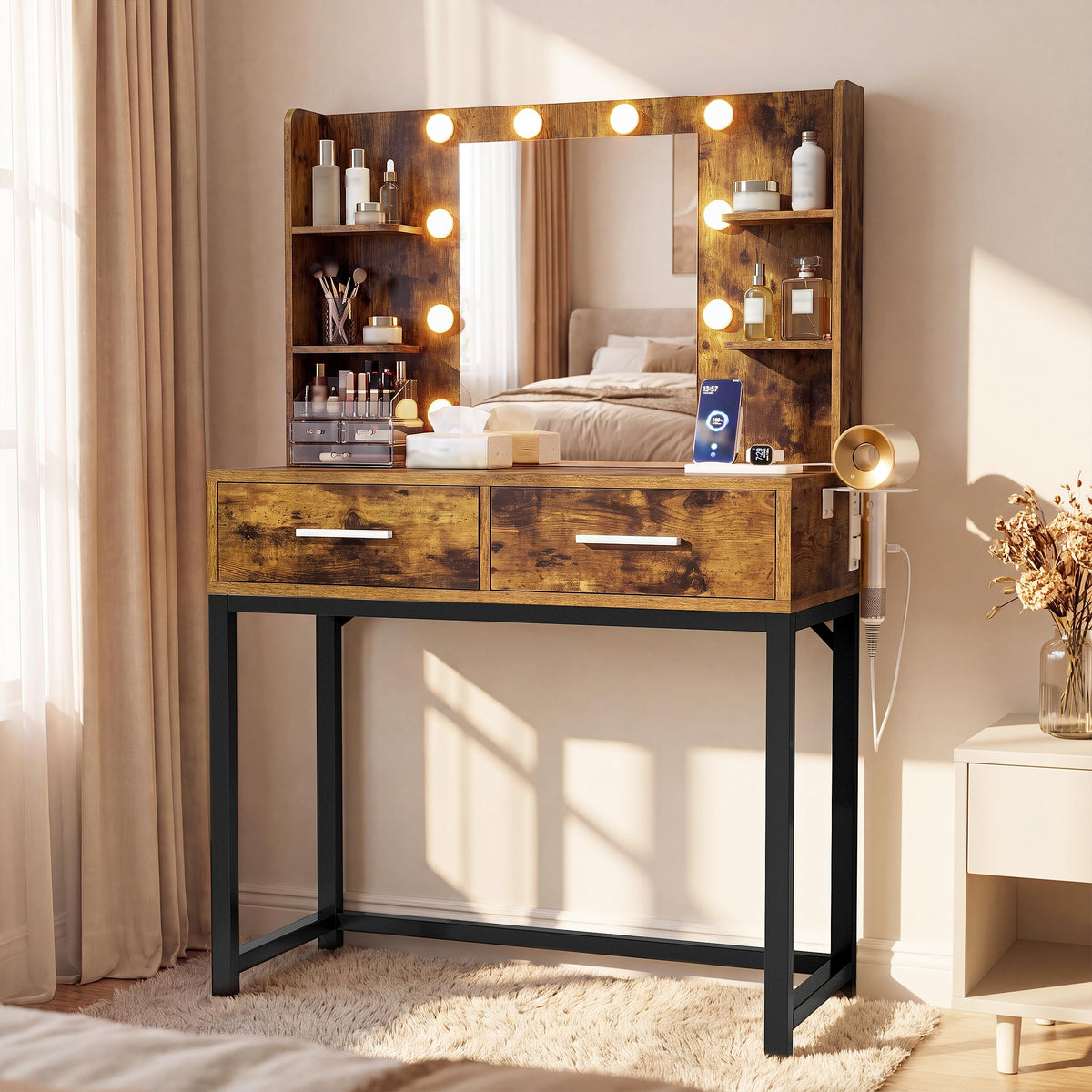 YESHOMY 31.5" Small Makeup Vanity Desk with Lighted Mirror, Rustic Brown
