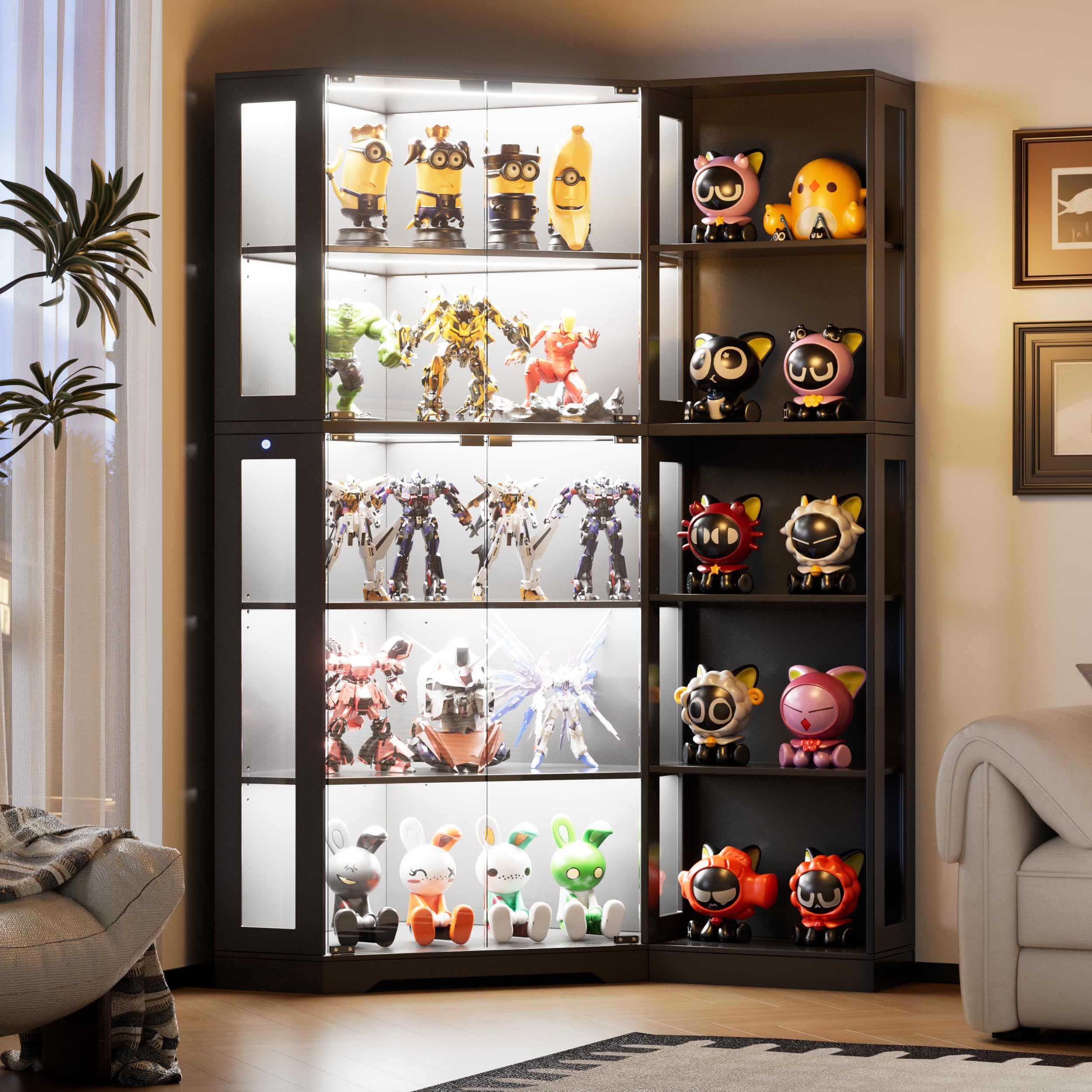 PAKASEPT Corner Display Curio Cabinet with Glass Doors, Glass Display Case with LED Lights for Collectibles,Display Storage Shelves for Living Room,Black