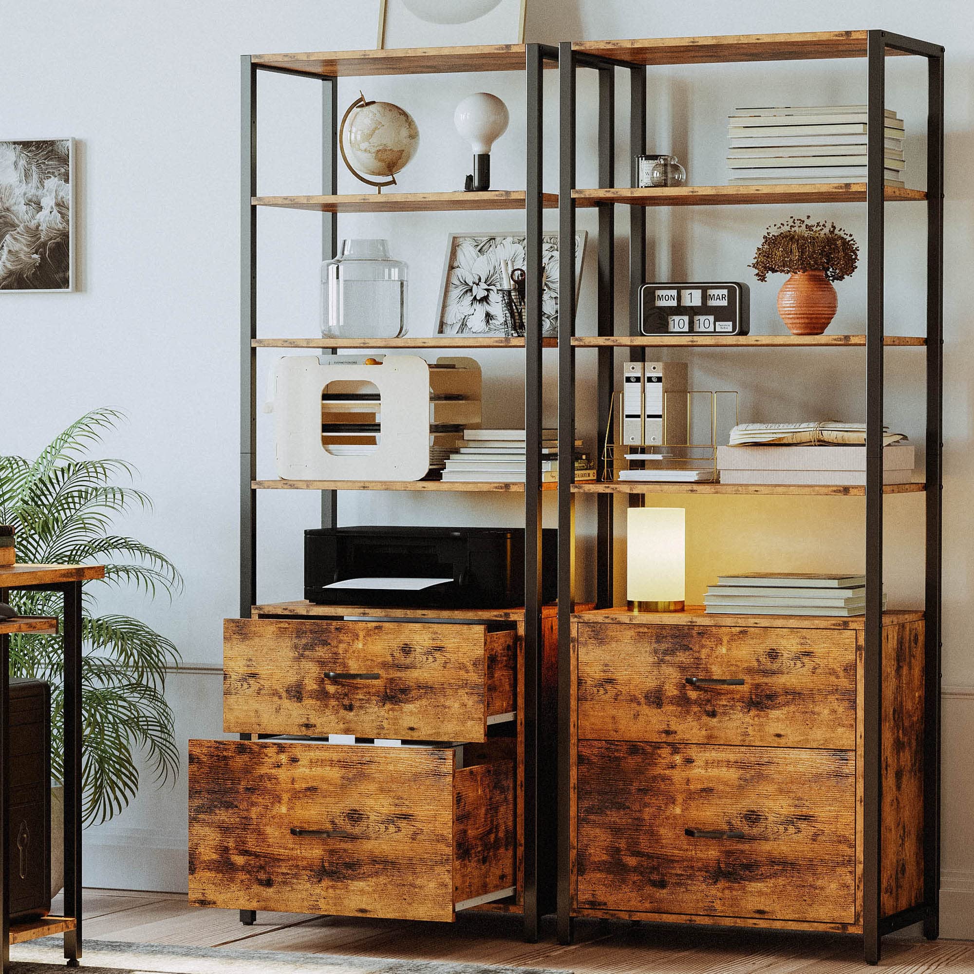5-Tier Industrial Bookcase with File Cabinet Drawers