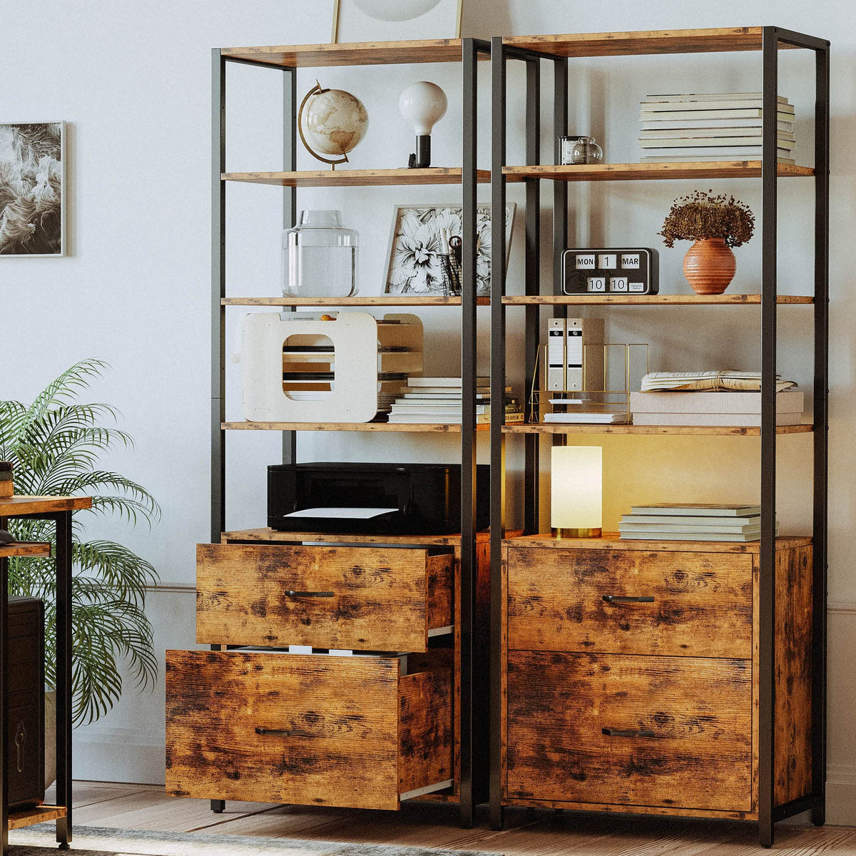 IRONCK Industrial Bookcase with File Cabinet Drawers, Vintage Brown