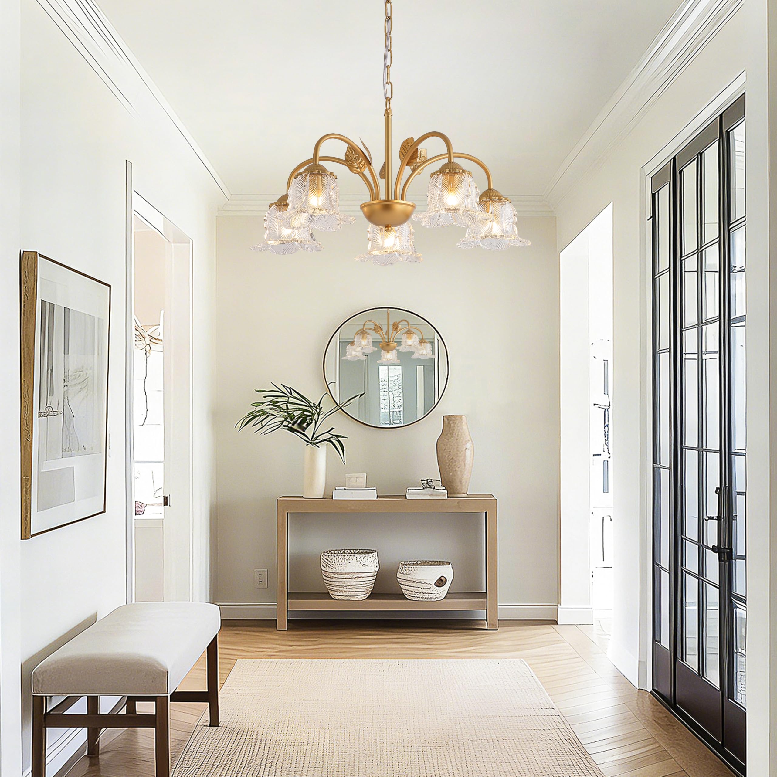NZZDYI 5-Light Vintage Chandeliers for Dining Room 25" Modern Gold Glass Chandelier Rustic Adjustable Pendant Light Fixture for Kitchen sland Living Room Bedroom