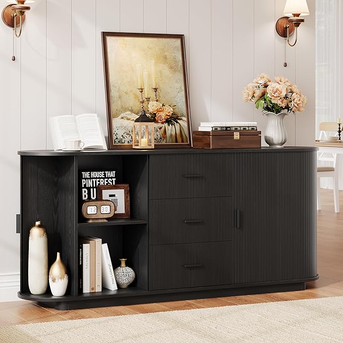 63" Fluted Sideboard Buffet Cabinet with 3 Drawers & 2 Sliding Doors