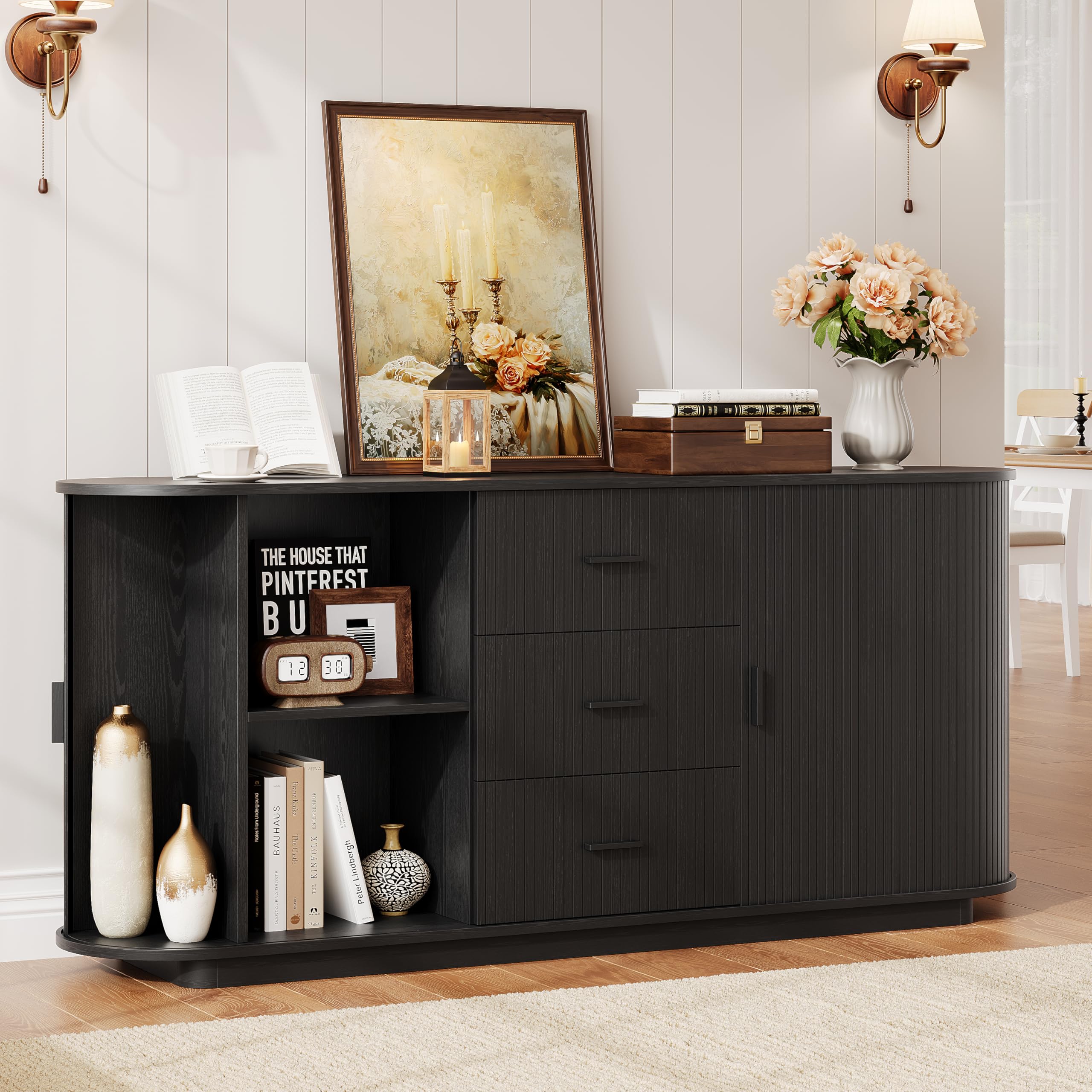ONBRILL 63" Fluted Sideboard Buffet Cabinet with 3 Drawers & 2 Doors, Mid-Century Modern Buffet Sideboard Cabinet with Storage, Coffee Bar Table with Adjustable Shelf for Kitchen, Living Room, Black