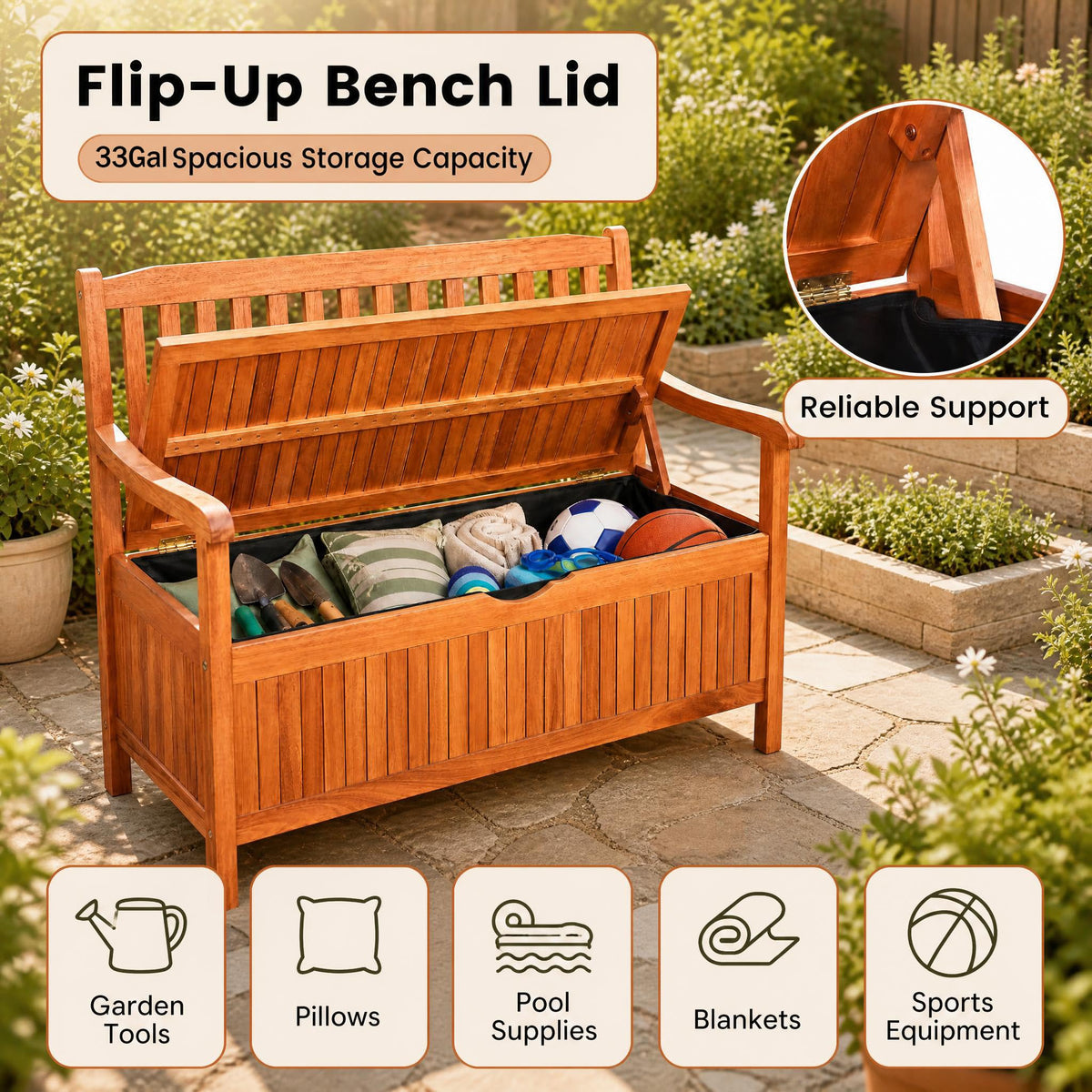 Tangkula Outdoor Wood Storage Bench Deck Box, Entryway Porch Storage Bench