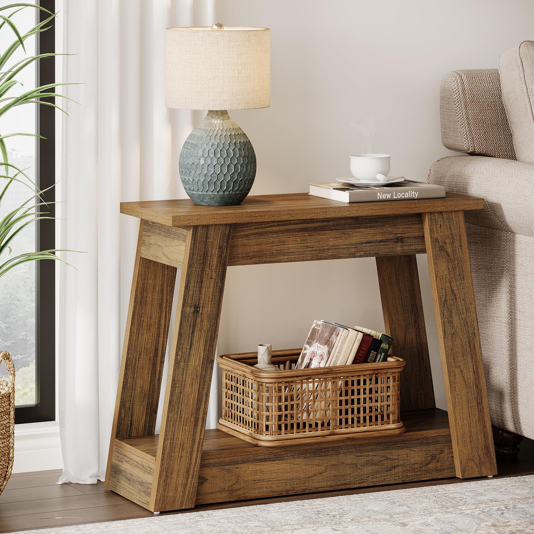 2-Tier Wood End Table with Storage Shelves