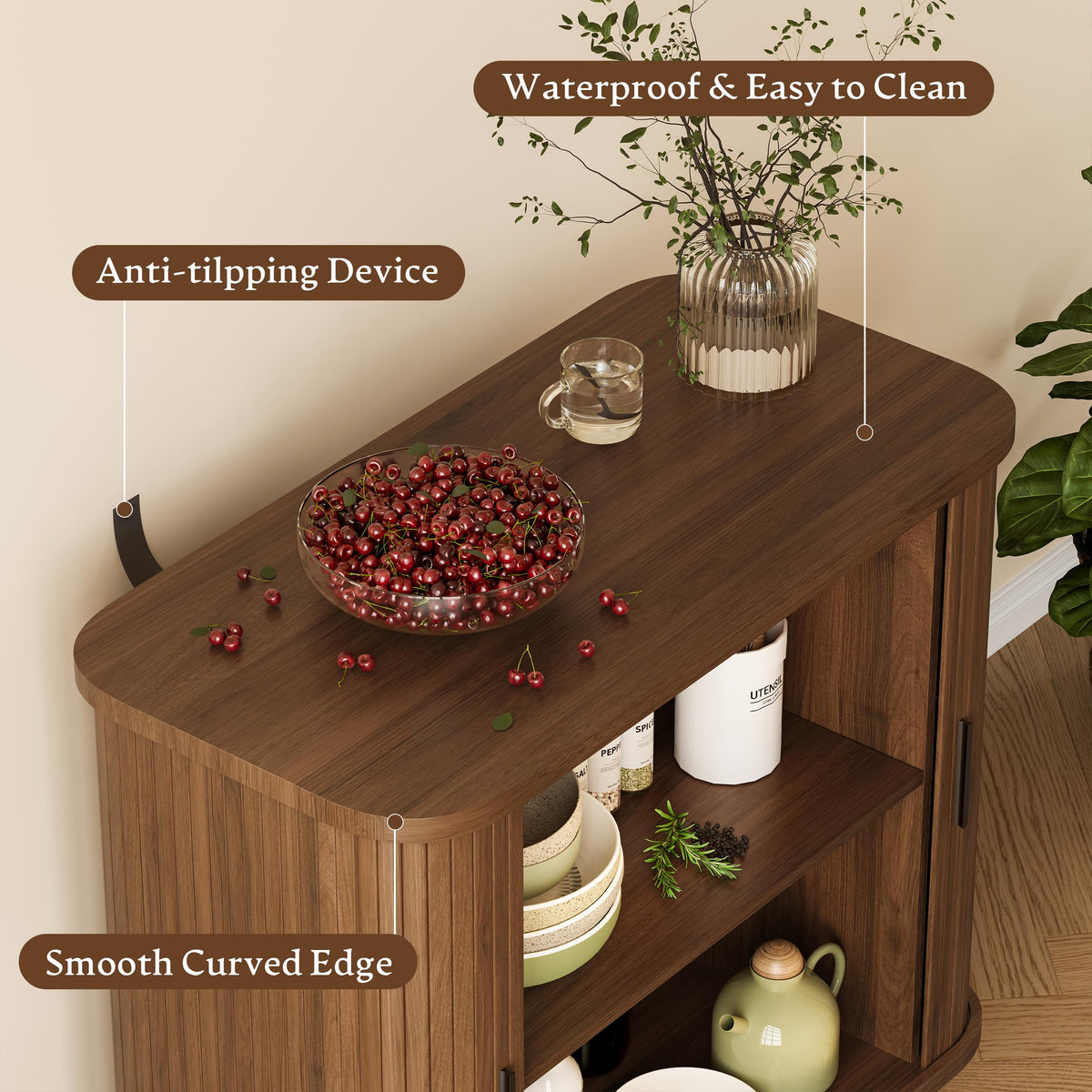 Xixini Fluted Sideboard Buffet Cabinet with Sliding Doors, 31.5", Walnut