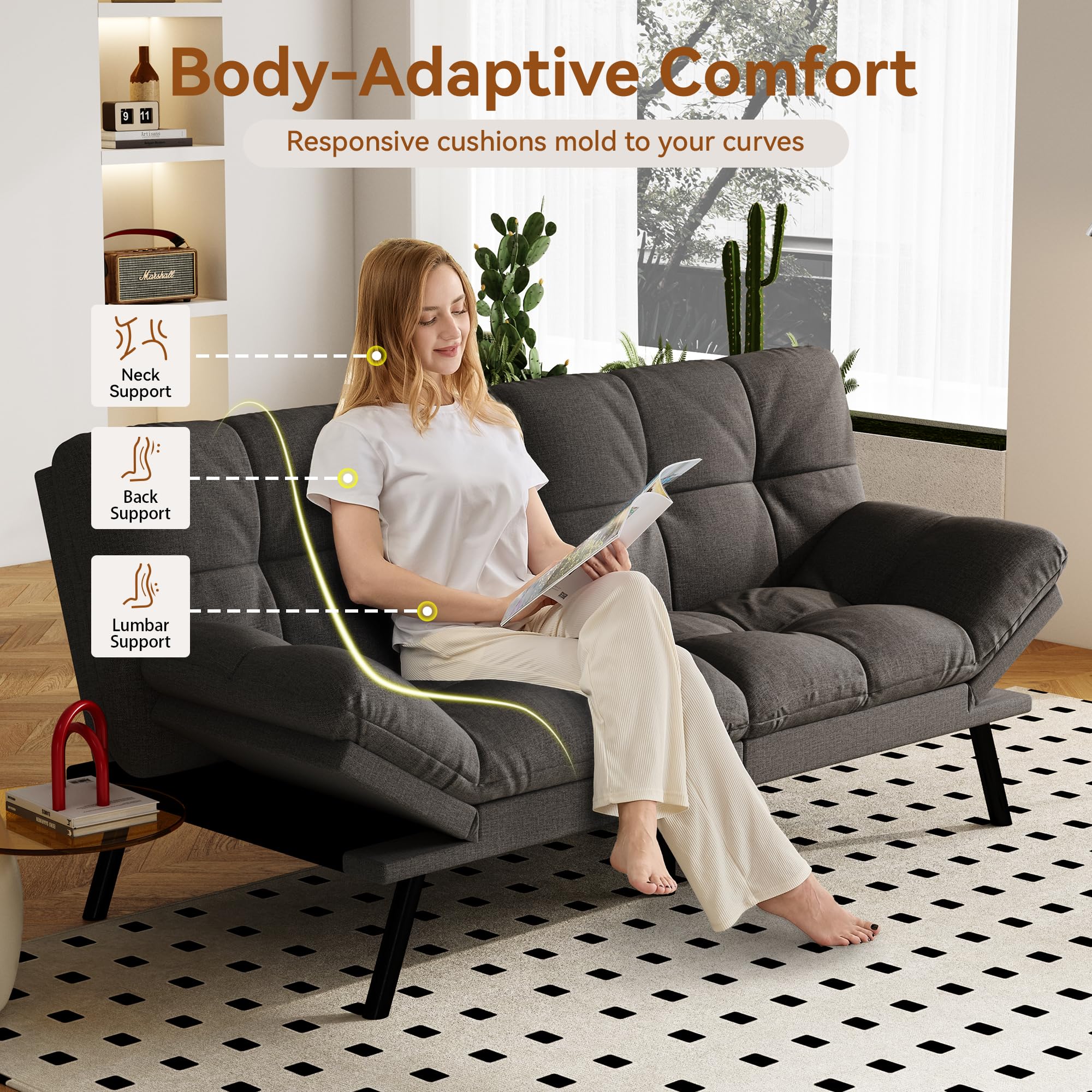 Convertible Futon Sofa Bed with Adjustable Backrest & Armrests