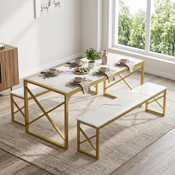 White Dining Table Set with Benches