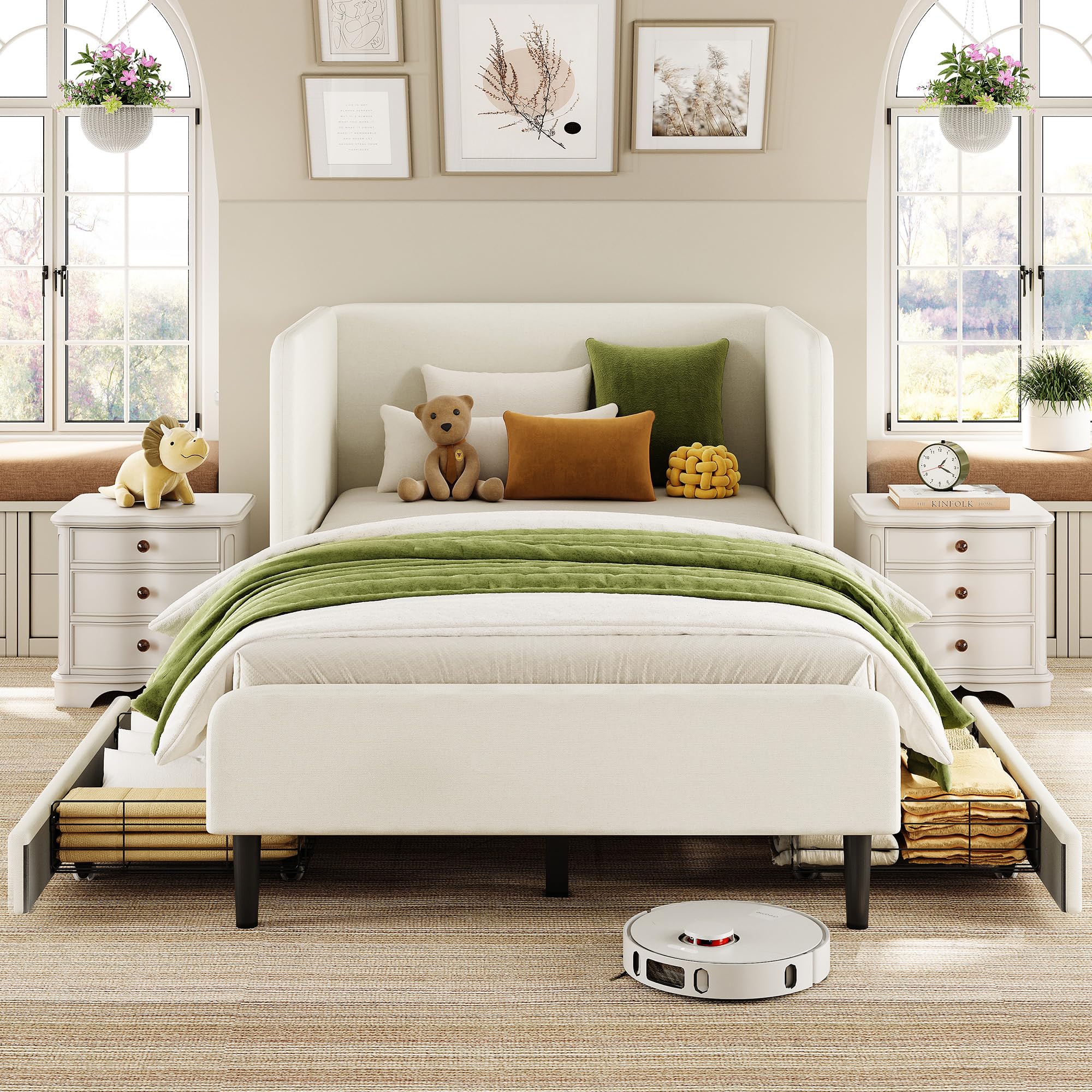 LIKIMIO Twin XL Daybed with Headboard, Corner Bed Frame with Bed Rails and Storage Drawers, Solid Support, for Bedroom Guest Room, Cream