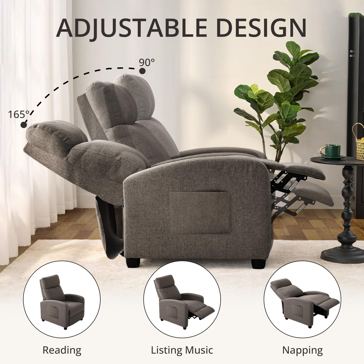 Gray Linen Push-Back Recliner