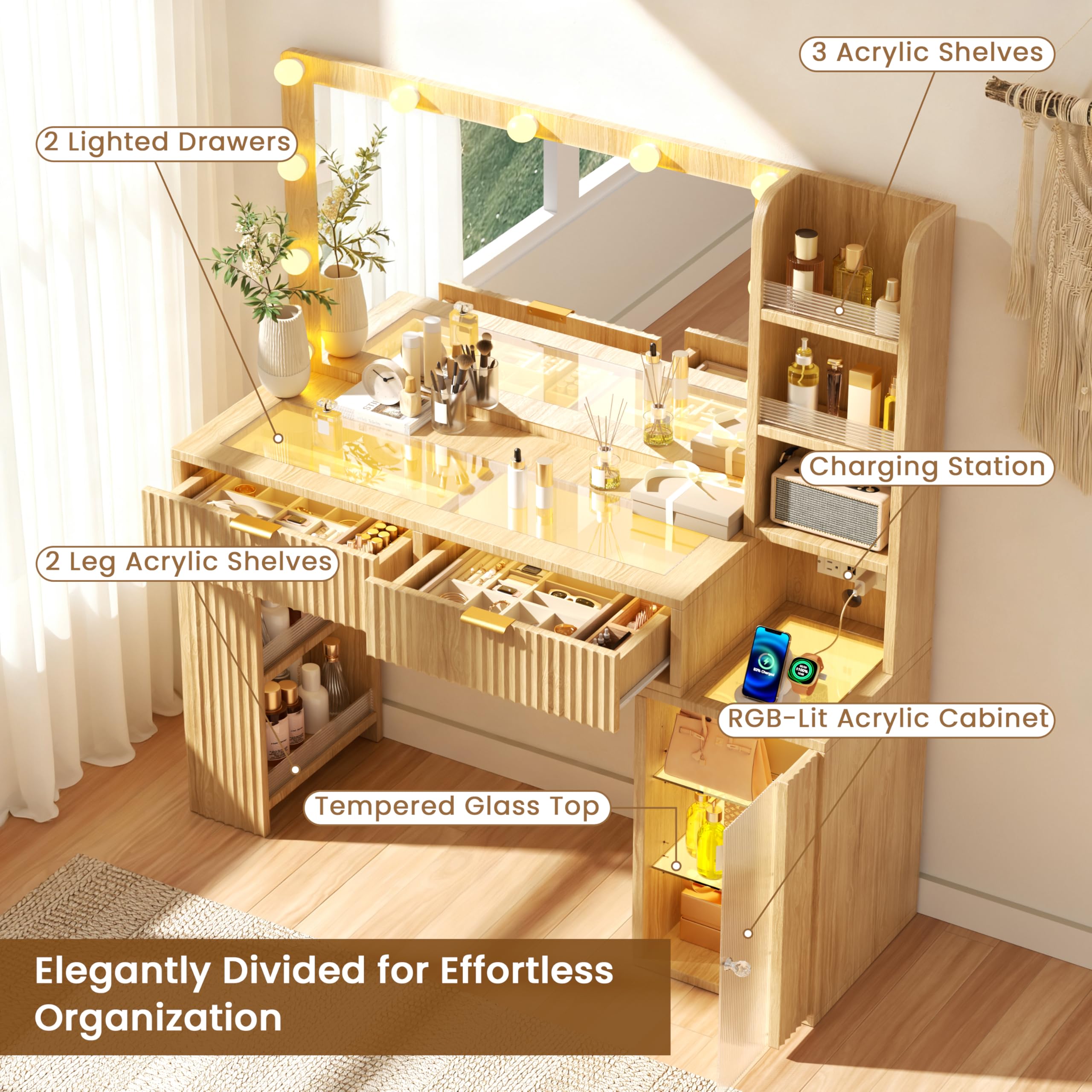 47'' Fluted Makeup Vanity Desk with Large 36" Mirror & Hollywood Bulbs, Smart RGB Lights, Glass Top Vanity with 5 Shelves, 2 RGB Drawers, Acrylic Cabinets, Wood Vanity with Charging Station,Oak