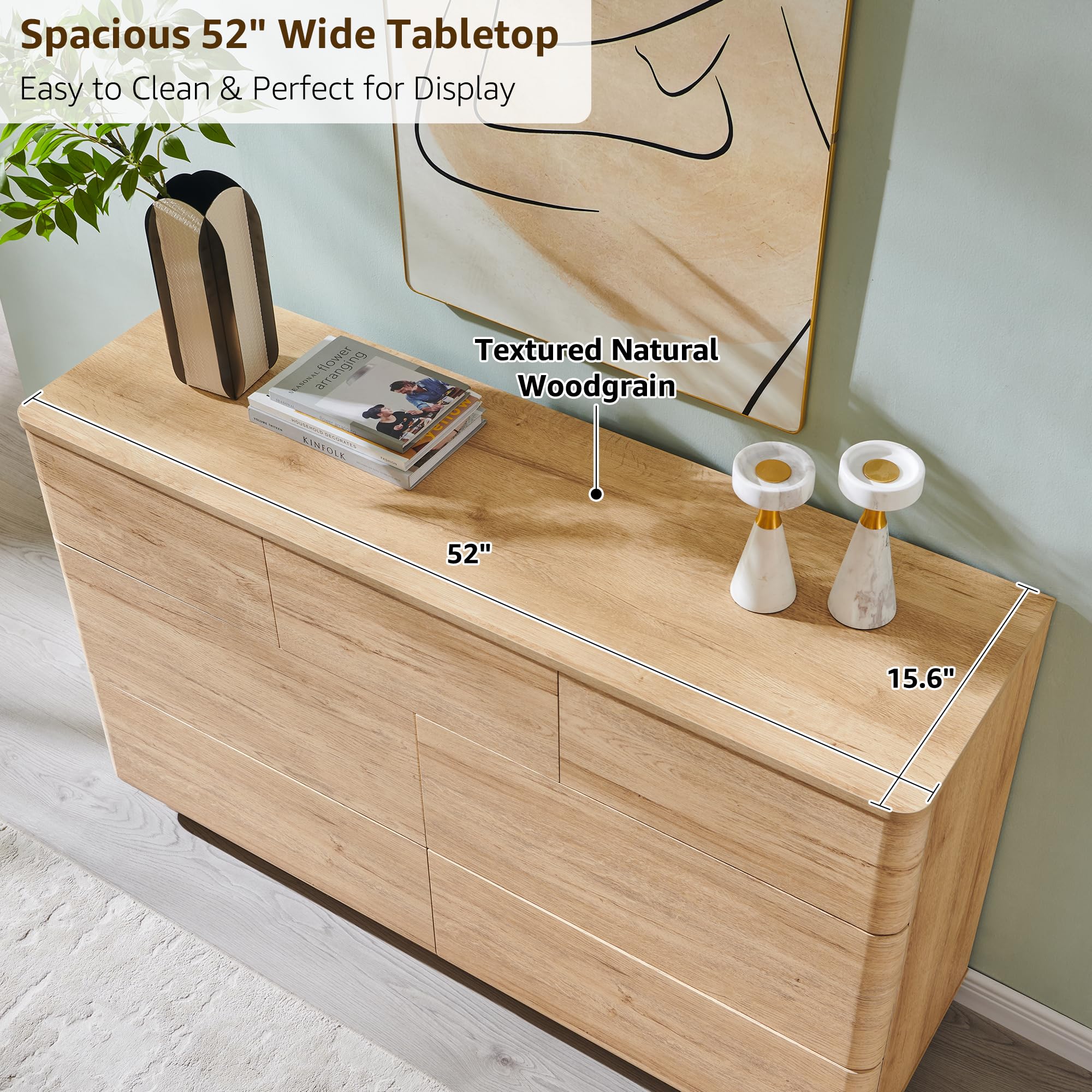 ACCOHOHO Modern 7 Drawer Dresser for Bedroom, 52" Wide Handleless Chest of Drawers, Large Push-to-Open Wood Storage, Dresser TV Stand for Bedroom, Living Room, Hallway, Curved Profile, Natural Oak