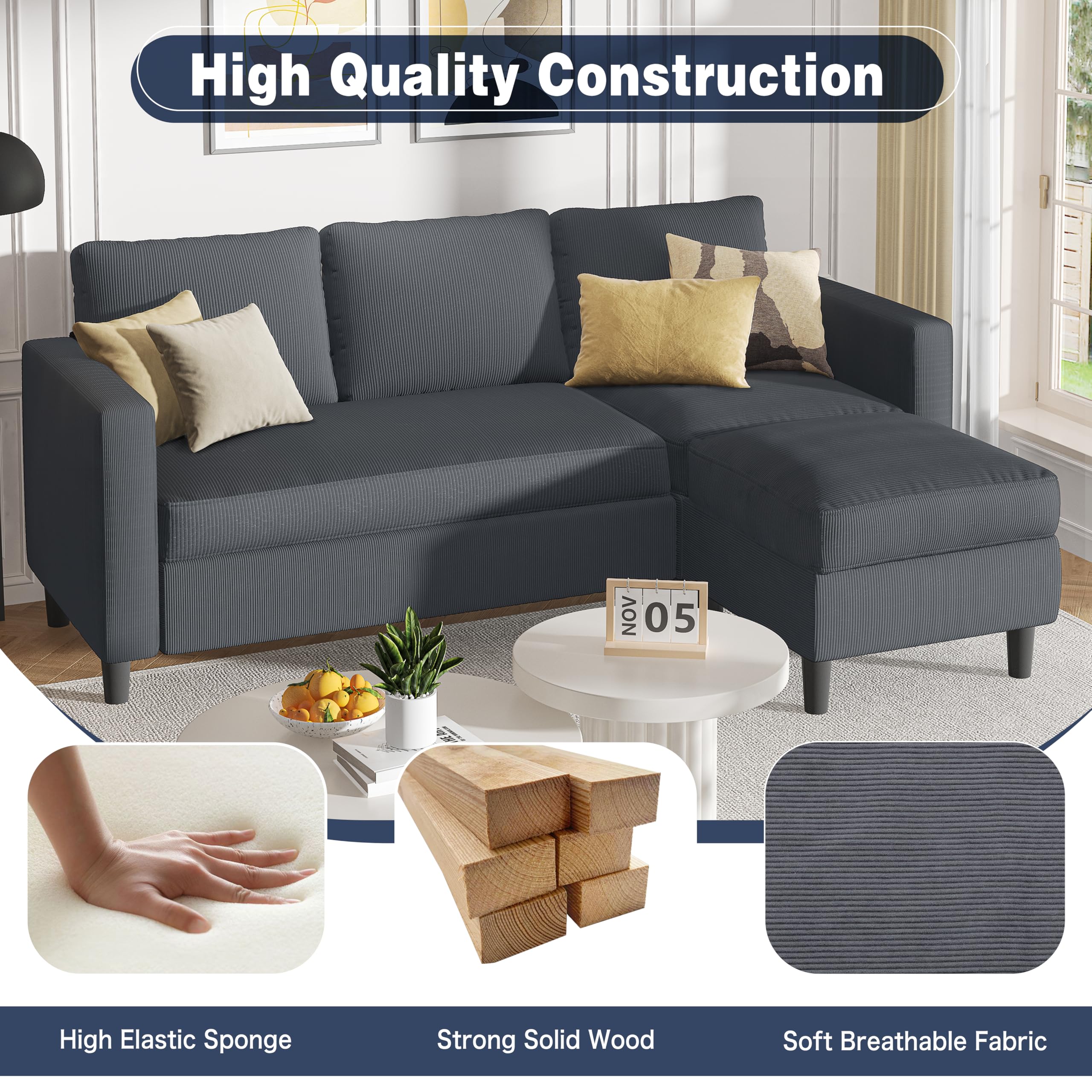 L-Shaped Convertible Sectional Sofa with Ottoman