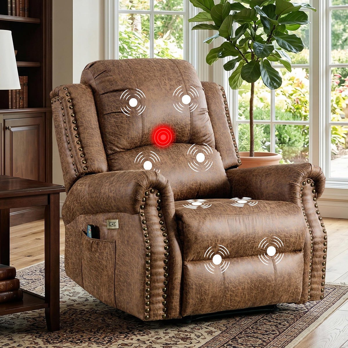 HAOMARKETS Classic Power Recliner Chair with Massage and Heat, Breathable Faux Leather Electric Recliner with USB&Type-C Port, Overstuffed Reclining Sofa with Rivets for Living Room, Brown