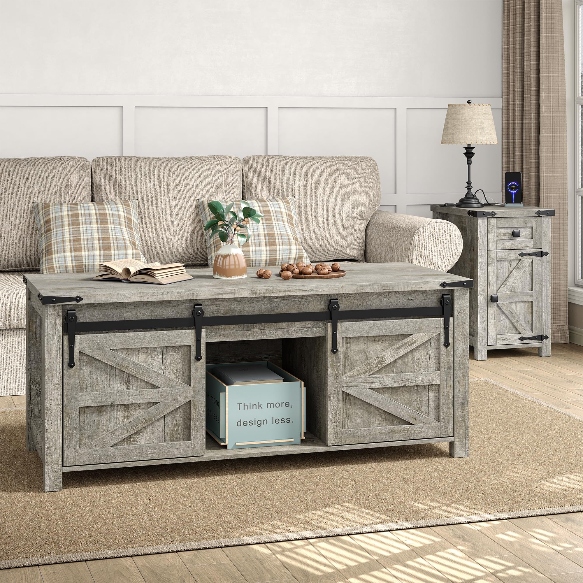 3-Piece Coffee & End Table Set with Charging Station, Oak Grey