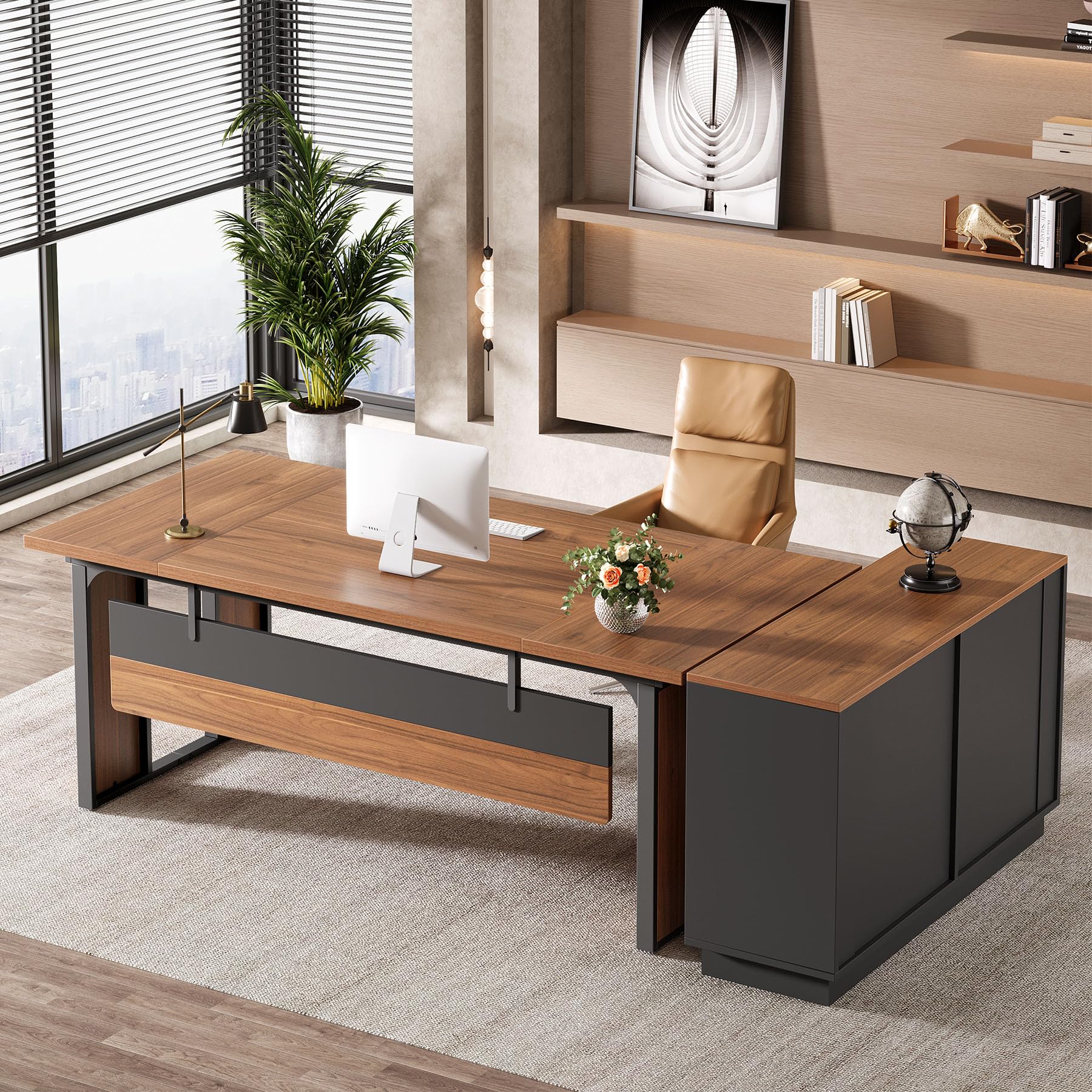 L-Shaped Executive Desk with 3-Drawer Filing Cabinet