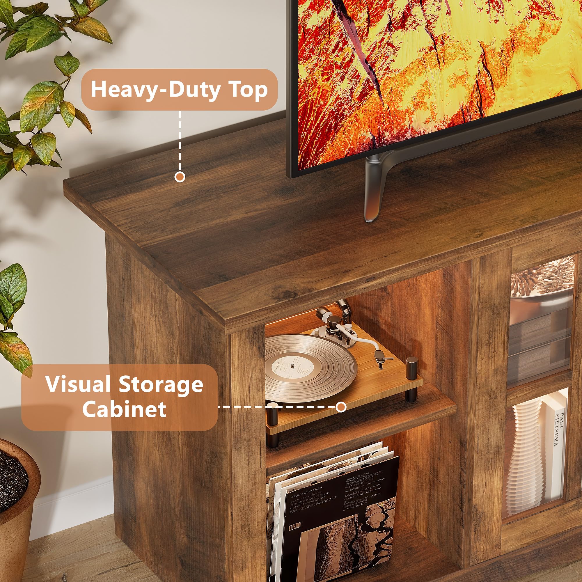 58" TV Stand with LED Lights, Glass Doors & USB Charging