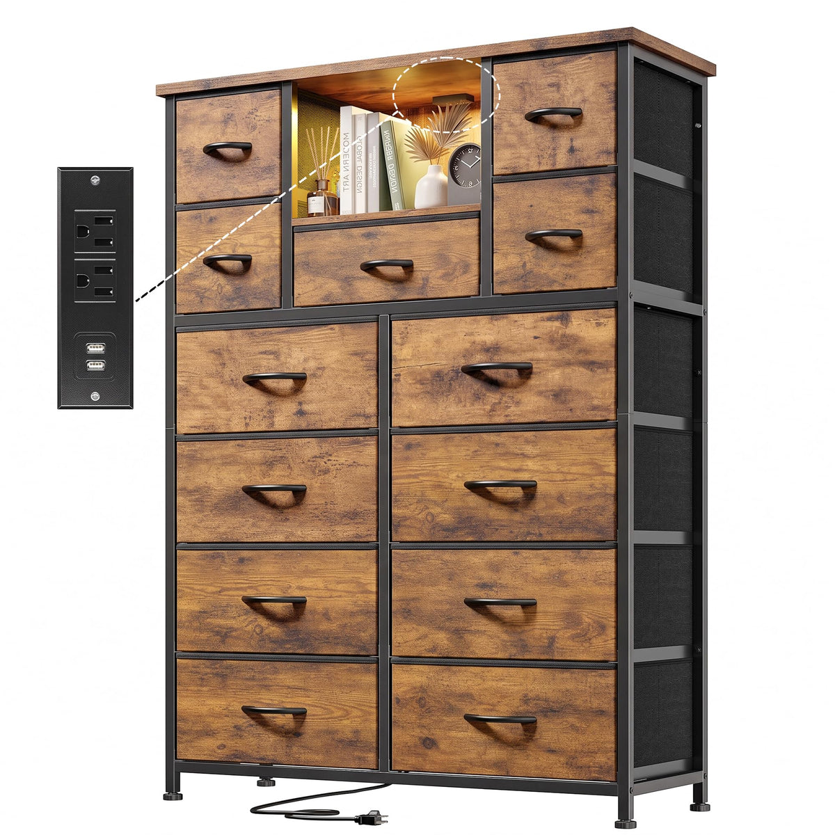 Bepatio Dresser for Bedroom, Charge-Station, LED Light and 13-Drawer, Brown