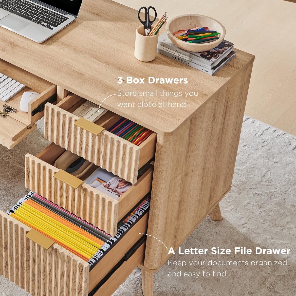 T4TREAM 60" Modern Fluted Executive Desk with Drawers, Natural Oak