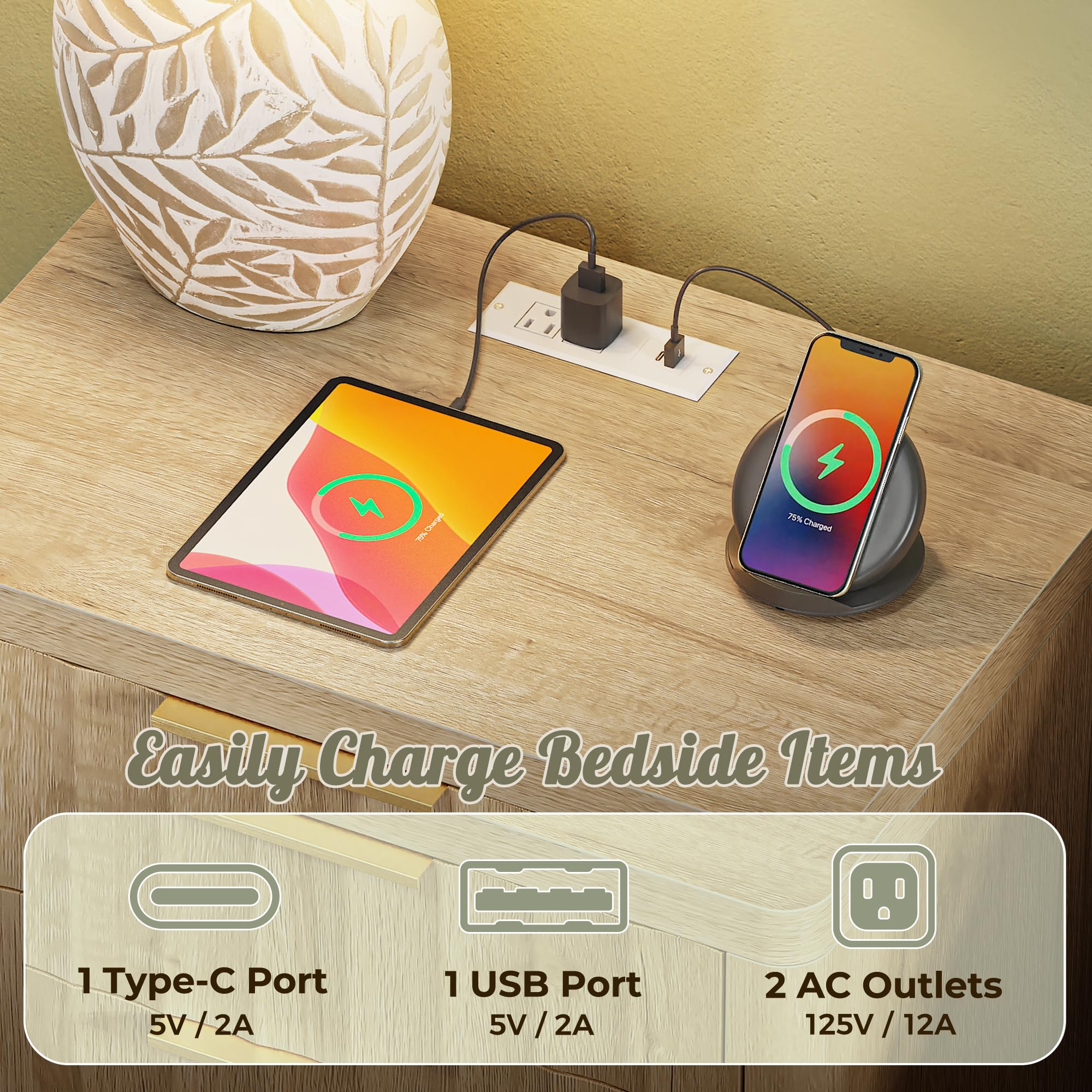 Tall Nightstand with Charging Station & 2 Drawers