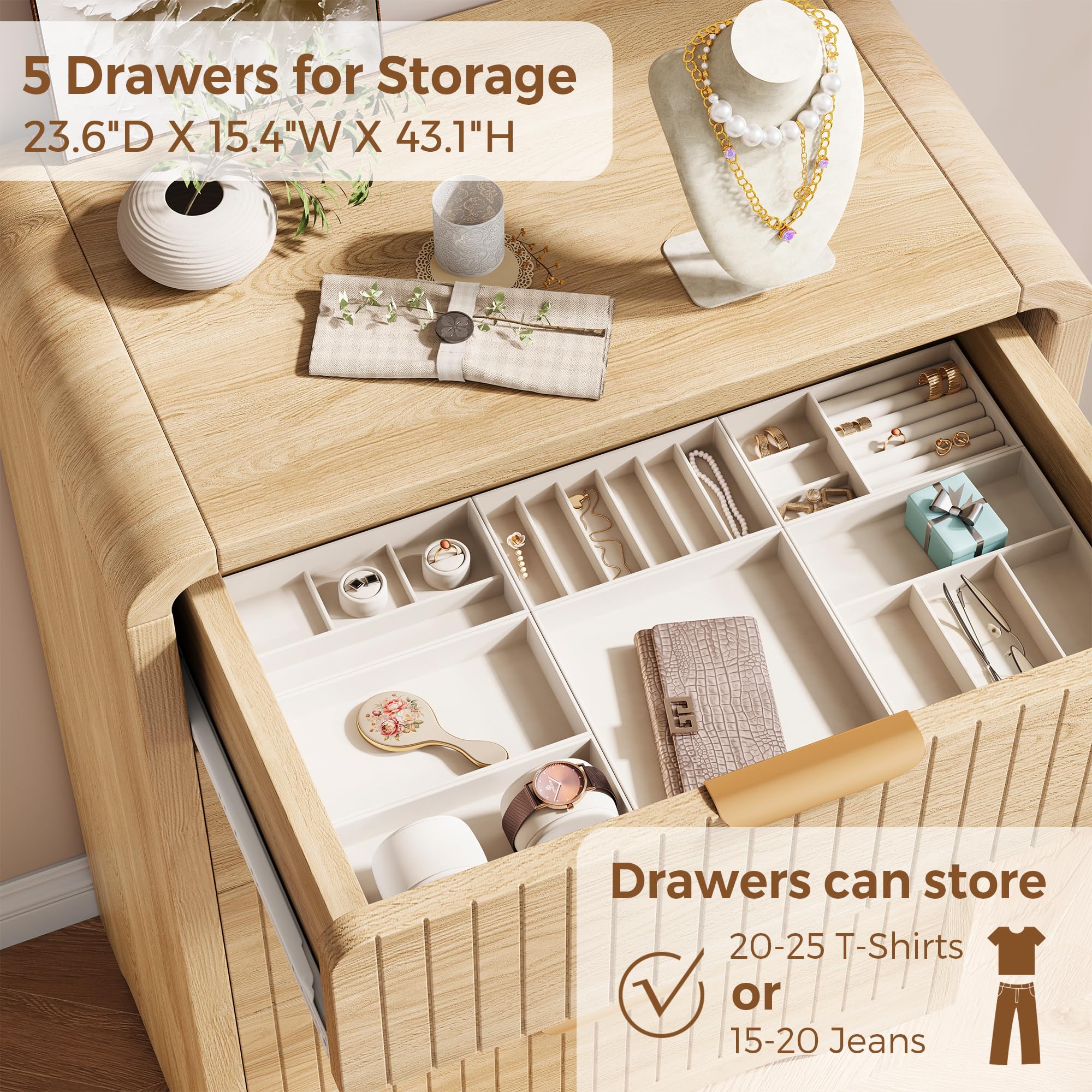 Fluted 5-Drawer Dresser with Curved Profile