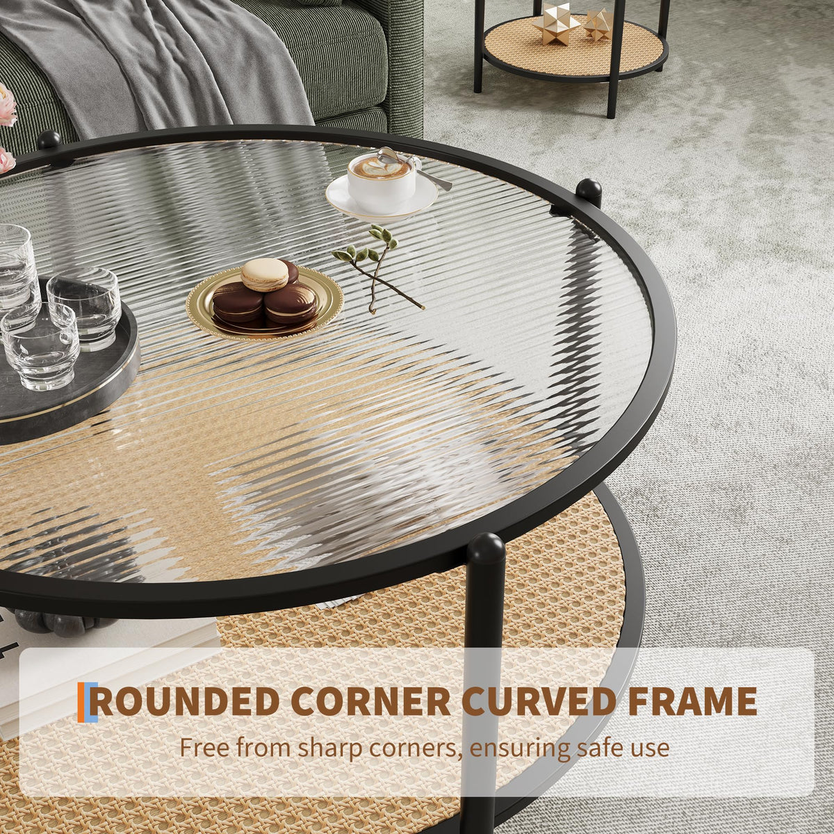 Mid Century Modern Coffee Table with Glass Top and PE Rattan Storage Shelf, 2-Tier 30.7 Inch Wood Round Boho Coffe Table, Metal Frame, Unique Center Table for Livinig Room Apartment Small Space