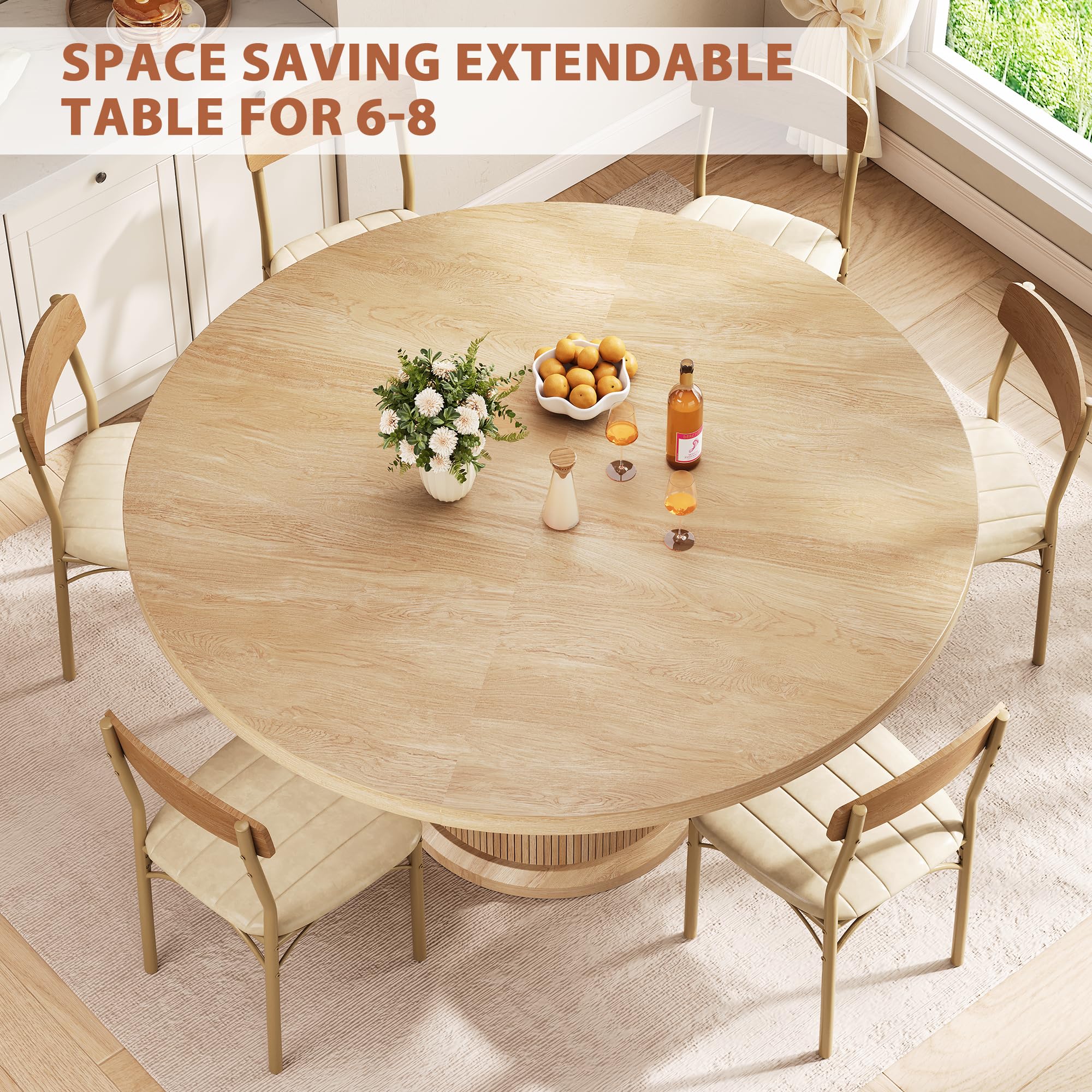 Extendable Round Dining Table 47"-63" with 2-Tier Storage Shelf