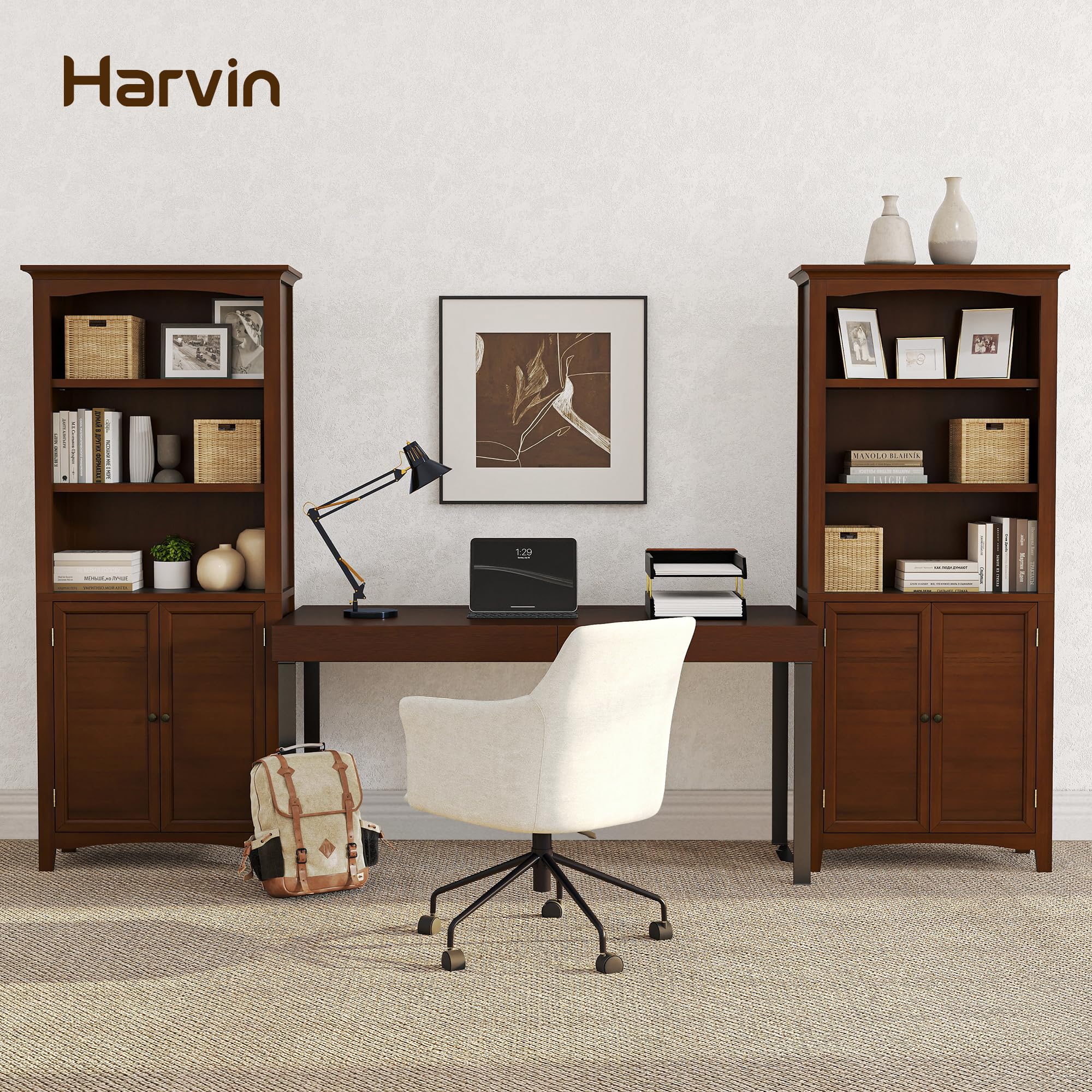 Ortello Home Harvin Standard Bookcase with Doors Set of 2, Solid Wood Bookshelves Floor Standing 5 Tier Adjustable Shelves Organizer and Storage, 72in Tall Bookshelf for Home Office, Living Room