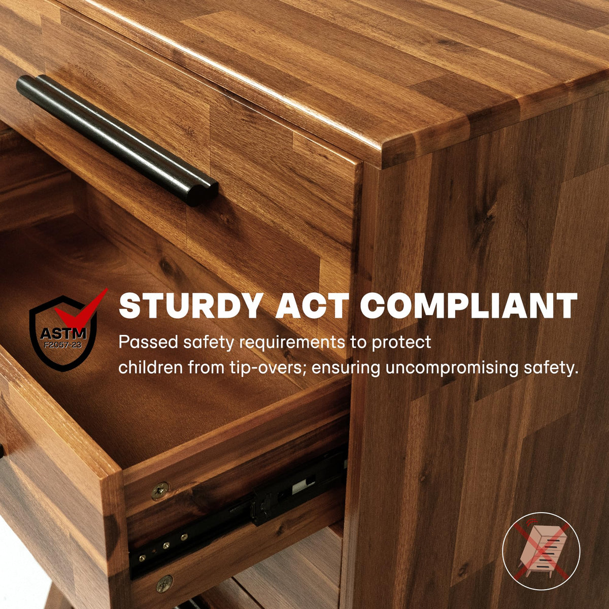 Acacia Linea 26" 5-Drawer Solid Wood Dresser, Chest of Drawers, Walnut