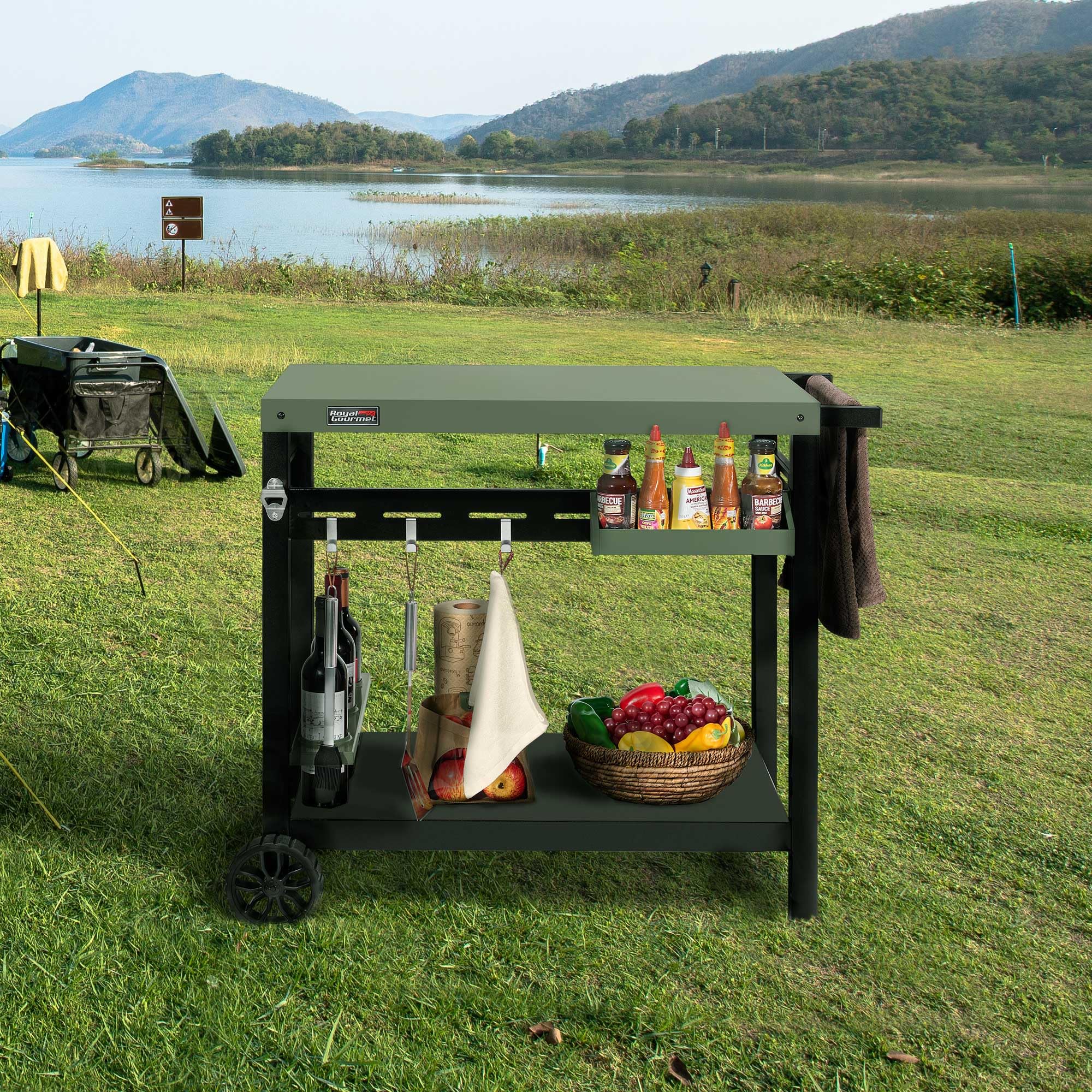 Grills House PC3406G Indoor/Outdoor Double-Tier Dining Cart, Sturdy Structure and Open Storage Shelf, Front Basket, Easily Mobility with 2 Wheels and Multifunctional Side Handle, Olive-Green