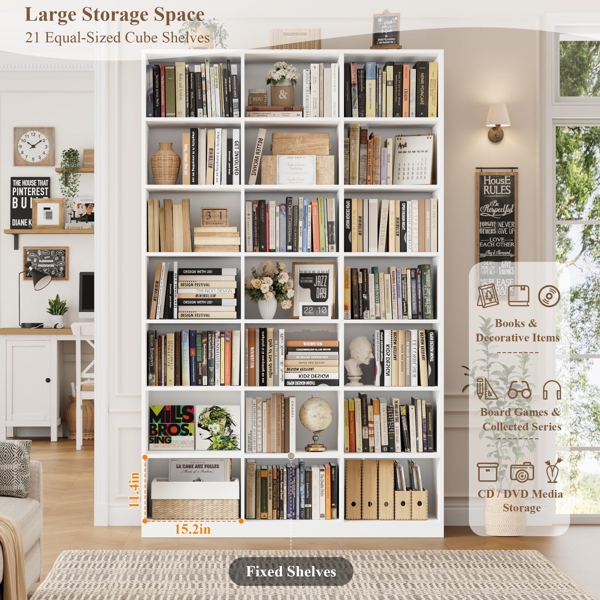 HOSTACK 86" H Triple Wide Bookshelf and Bookcase, 7 Tier Tall Bookshelf with Storage, Large Bookcase with 21 Open Display Storage Shelves, Wood Book Shelf Media CD DVD Storage for Living Room, White