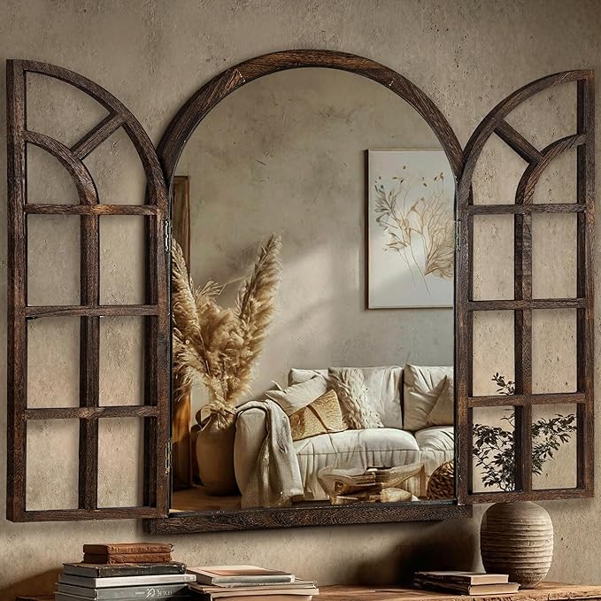 Arched Farmhouse Wall Mirror with Wood Frame