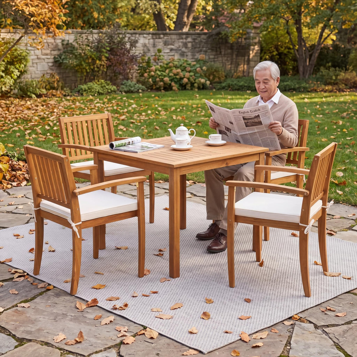 Greesum 5 Pieces Acacia Wood Patio Dining Set, Outdoor Table & Chairs