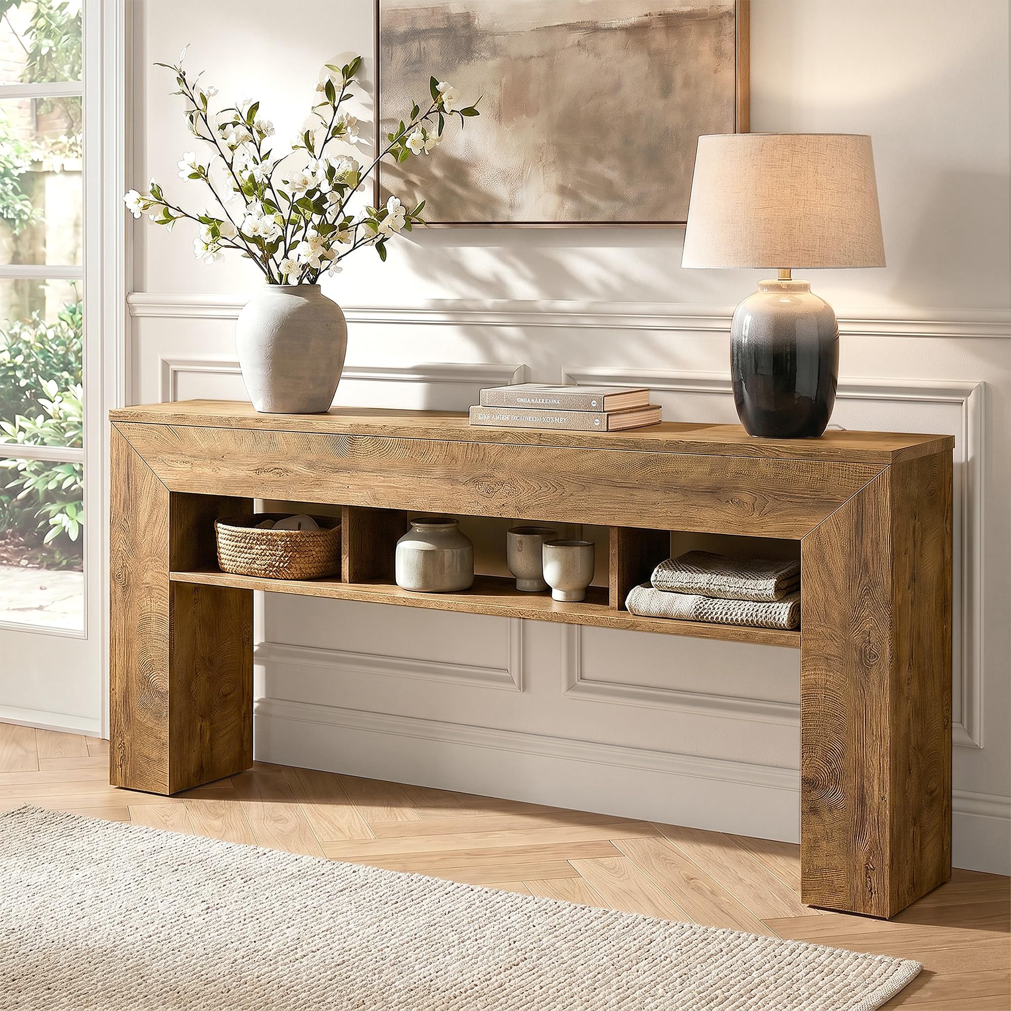 EnHomee 63 Inch Long Console Table for Entryway Sofa Table with Extra Storage Shelves Farmhouse Wood Behind Couch for Hallway, Entrance, Living Room, Foyer, Light Brown