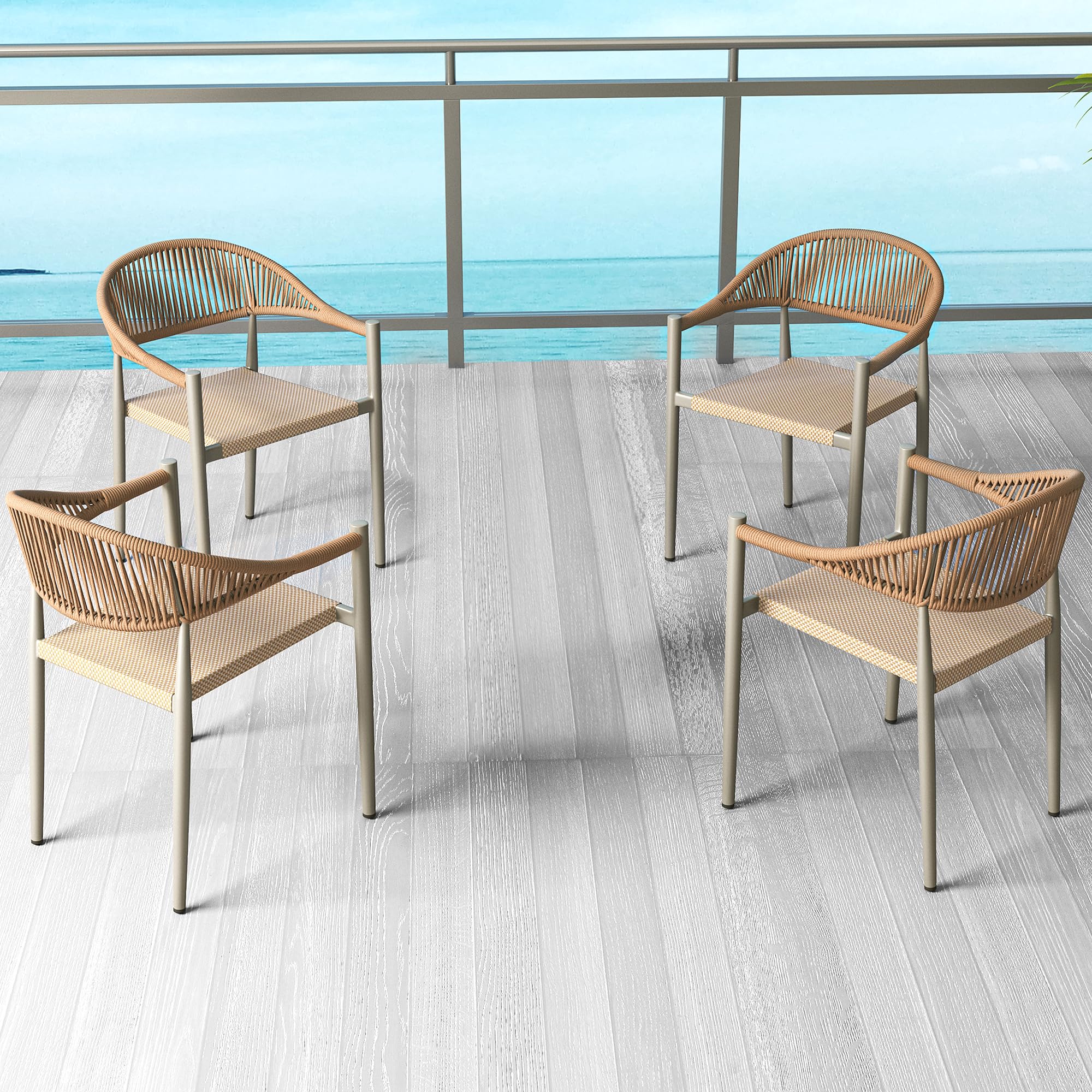 TWT Patio Chairs Set of 4, Outdoor Stackable Dining Chairs for All Weather, Breathable Textilene Garden Furniture for Backyard Deck, Aluminum Alloy Frame, PE Rattan, Light Brown