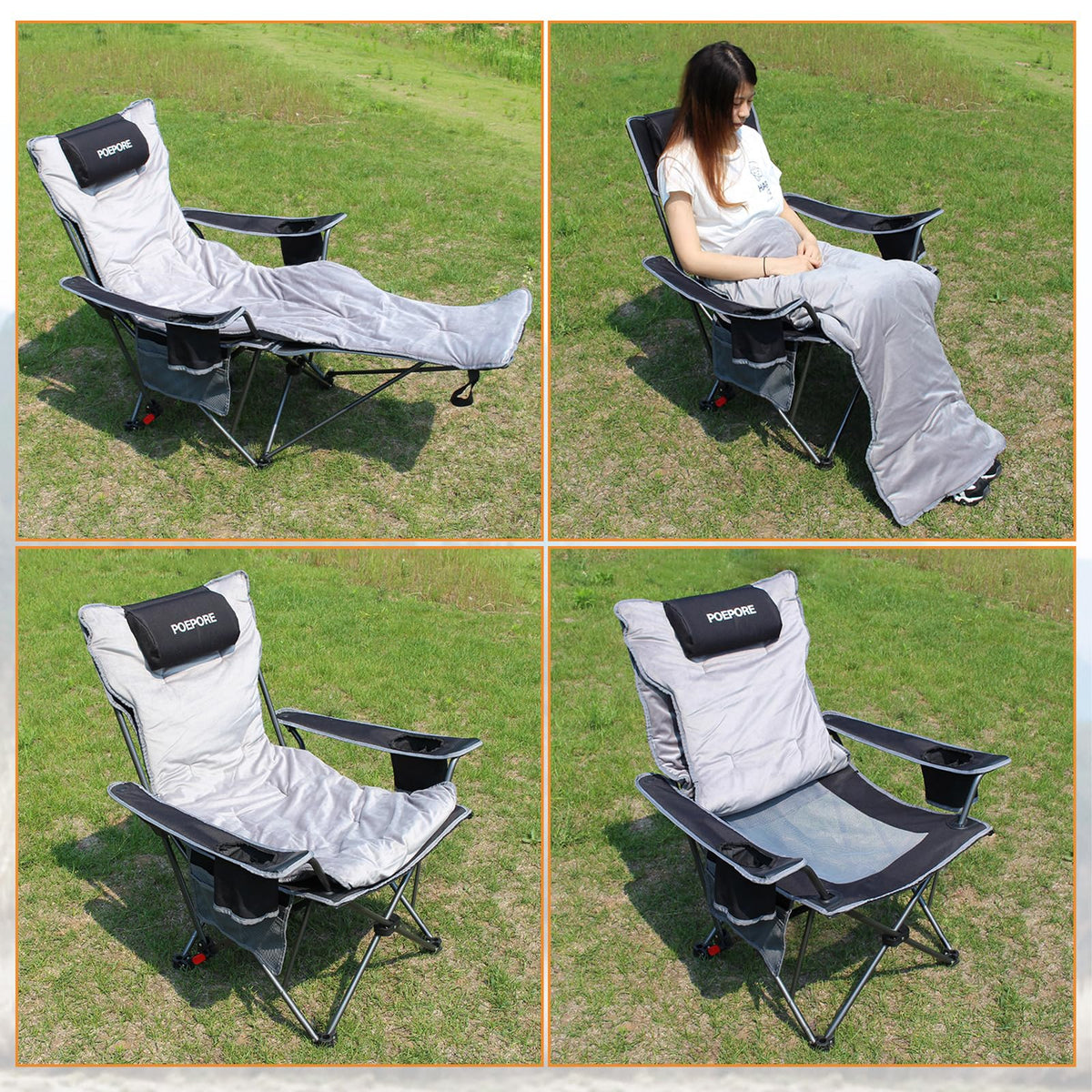 POEPORE 2-Pack Reclining Camping Chair with Removable Footrest Lounge Chair with Headrest, Cotton Cushion, Portable Adjustable Folding Chairs for Adults Black