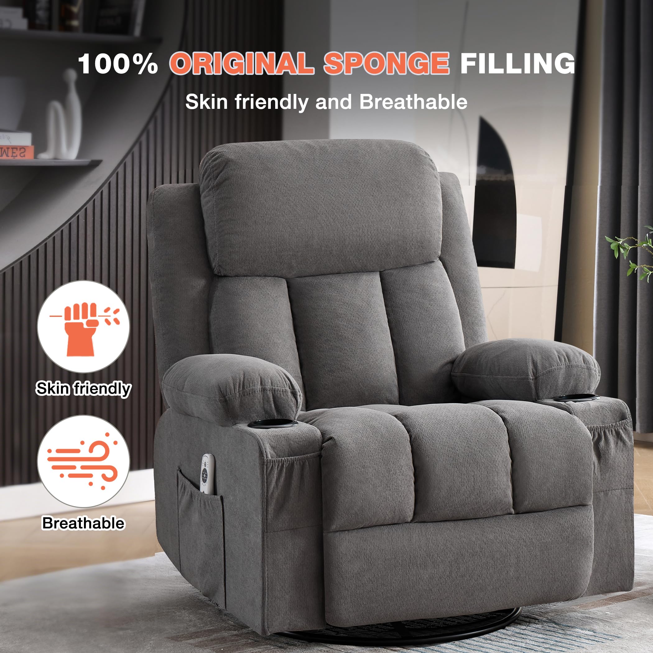 BOSMILLER Swivel Rocker Recliner Chair with Vibration Massage and Lumbar Heating Ergonomic Lounge Chair for Living Room with Rocking Function and Side Pocket, 2 Cup Holders, USB Charge Port