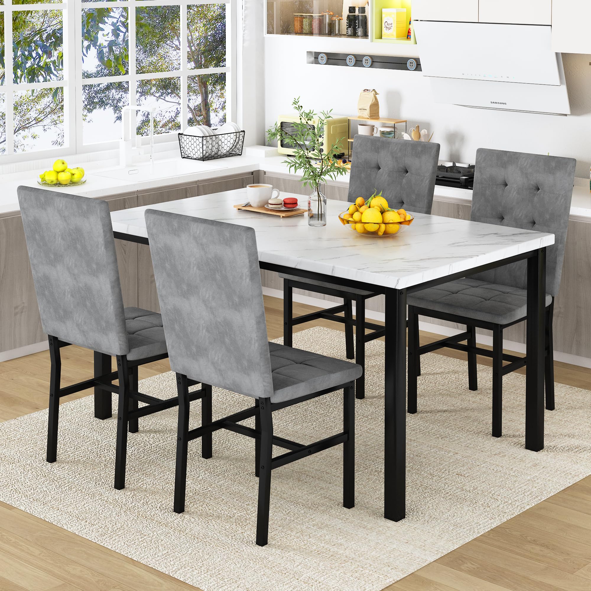 4-Piece Faux Marble Dining Table Set with Velvet Chairs