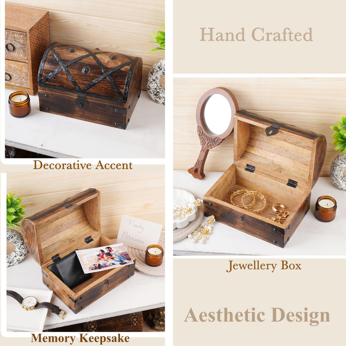 Ajuny Wooden Treasure Chest Pirate Keepsake Jewelry Box - 9x6x6 Inch