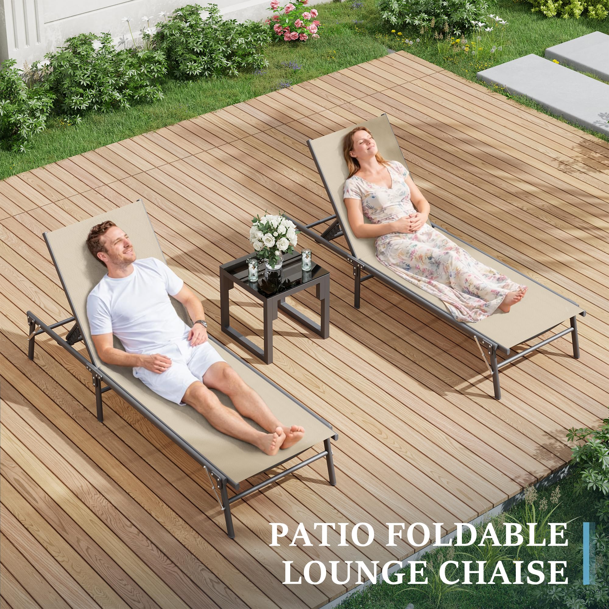 Foldable Patio Lounge Chair Set with Side Table