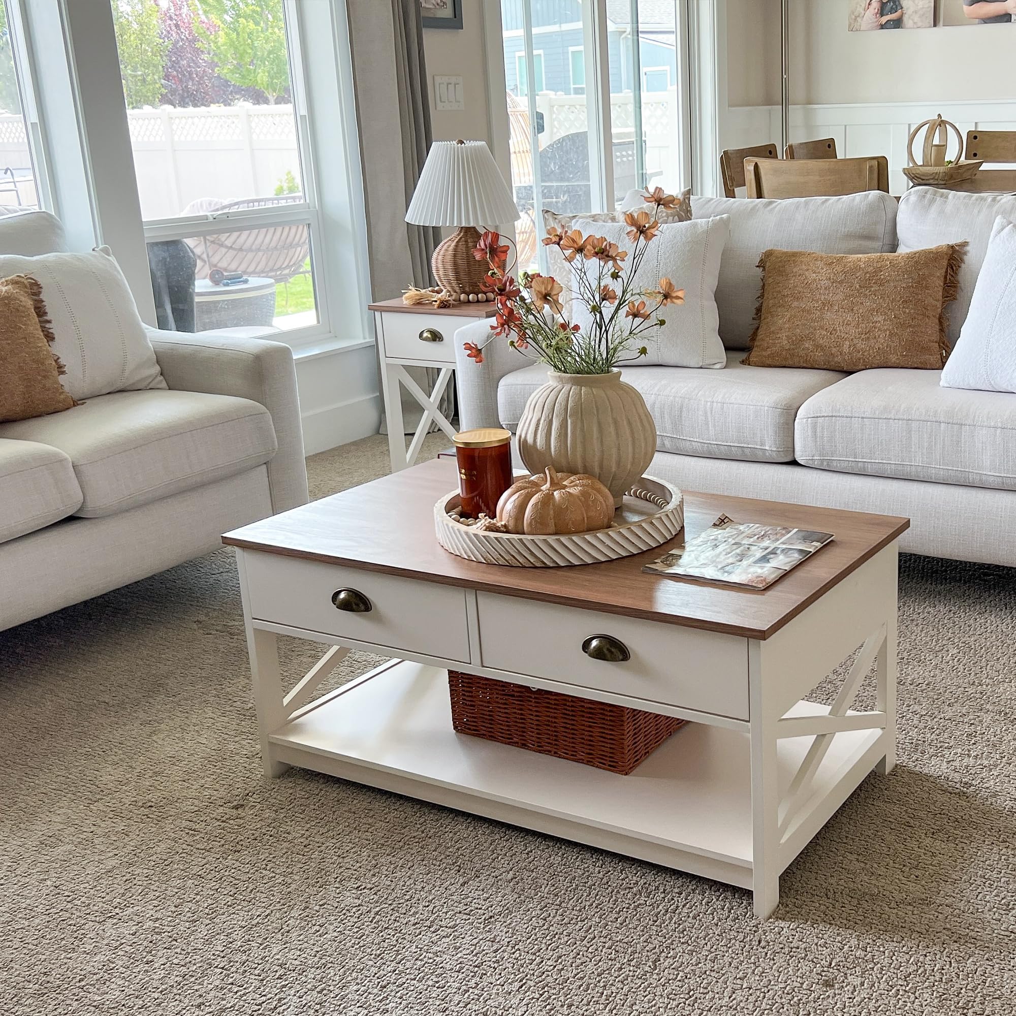 PHI VILLA Coffee Table for Living Room - Farmhouse Modern Coffee Tables with Storage, Ivory White Coffee Table