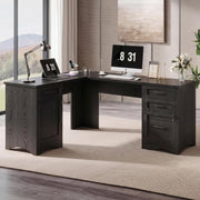 Decofy 67" Farmhouse L Shaped Standing Desk with Drawers Home Office Executive Desks with Fast Charging Station, Lockable File Cabinet, Wood Writing Computer Desk for Work, Study