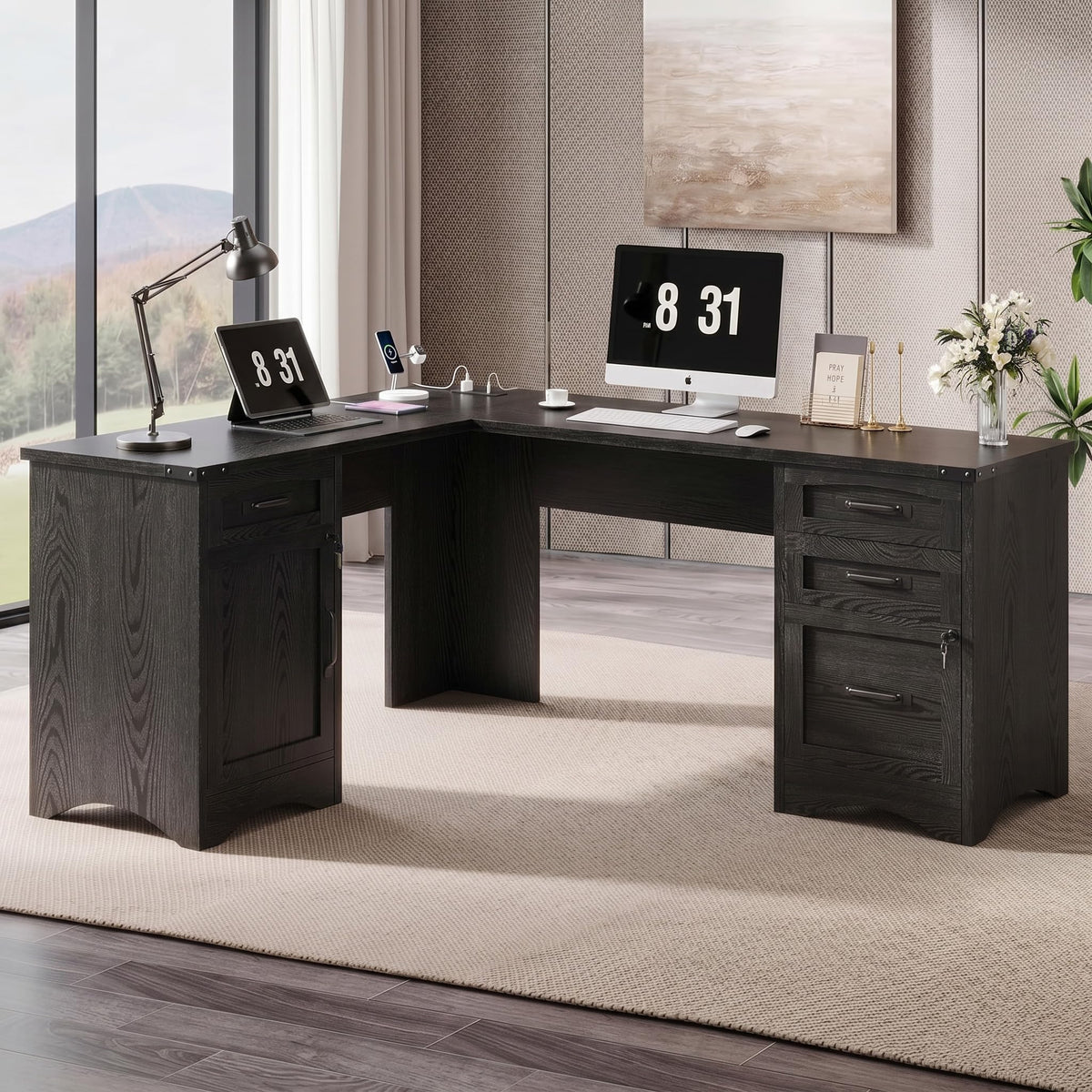 Decofy 67" Farmhouse L Shaped Standing Desk with Drawers Home Office Executive Desks with Fast Charging Station, Lockable File Cabinet, Wood Writing Computer Desk for Work, Study