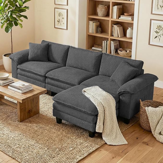 Corduroy Sectional Sofa with Ottoman