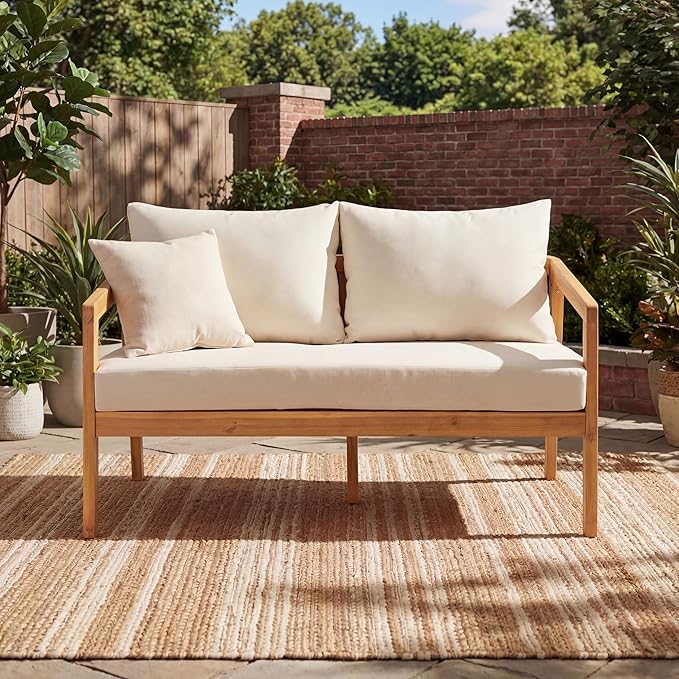 Acacia Wood Outdoor Loveseat Sofa with Removable Cushions