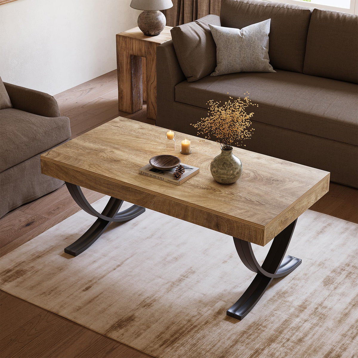 LITTLE TREE 47” Coffee Table, Rectangle Center Table for Living Room, Industrial Modern Living Room Table, Wood Coffee Table with Curved Cross Legs, Thickened Wood Grain Top, Rustic Brown & Black