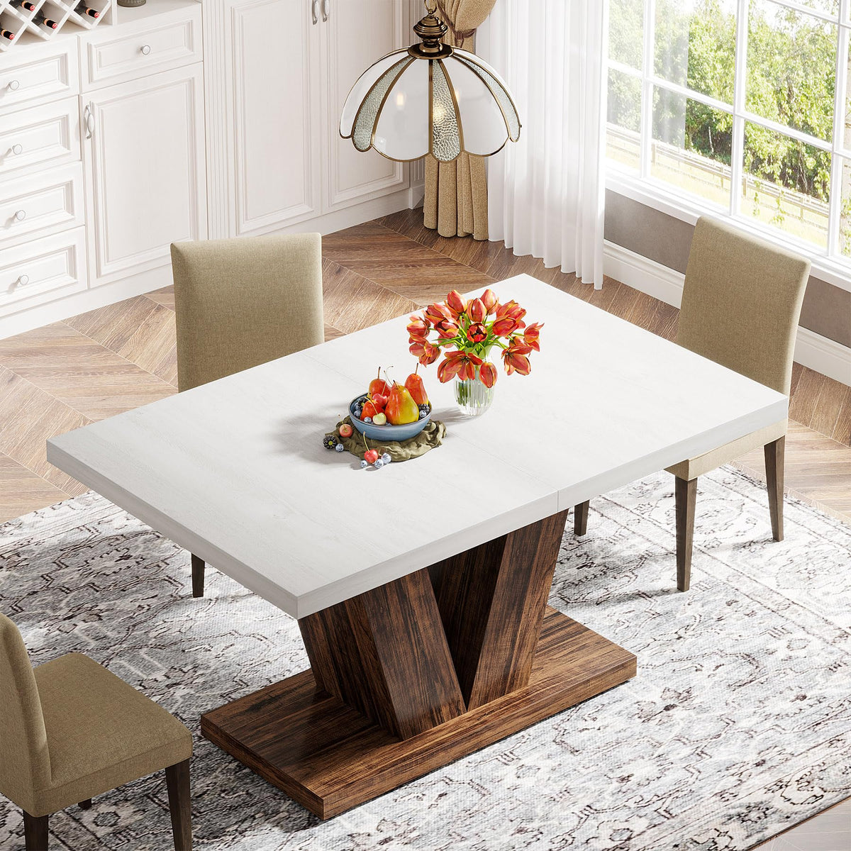 White & Brown Pedestal Dining Table