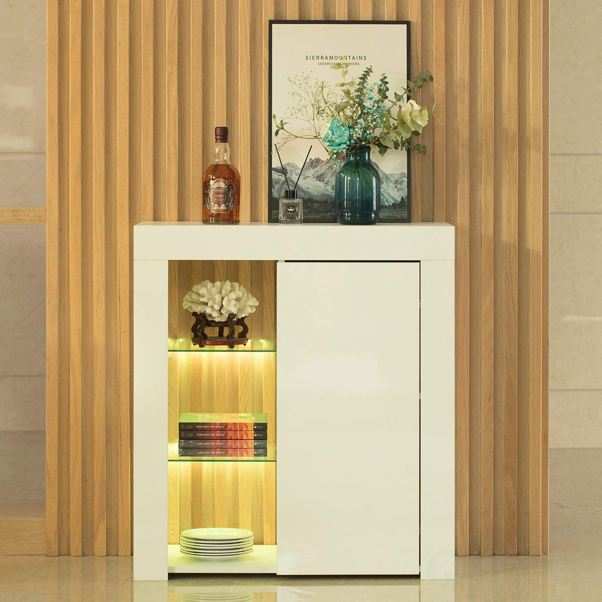 Basicwise Sideboard Buffet with 5 Storage Shelves - White, LED Light with USB Plug in, High Gloss Doors, 29.5" W x 13.75" D x 32.75" H - Modern, for Dining Room, Office, Organizer Cabinet