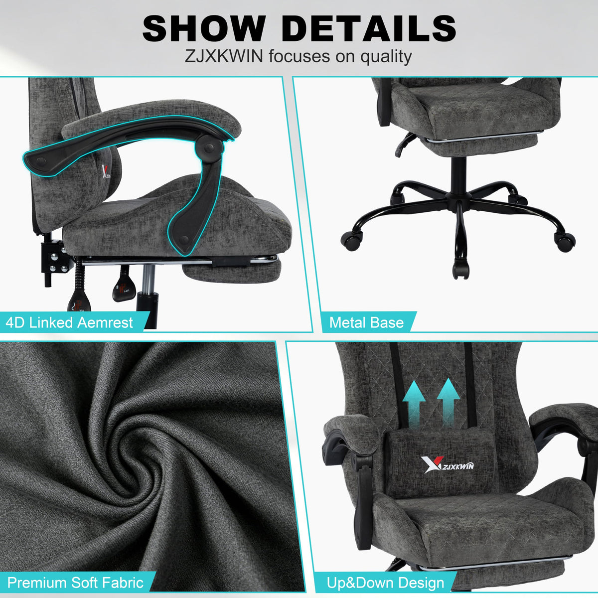 Grey Fabric Gaming Chair with Footrest