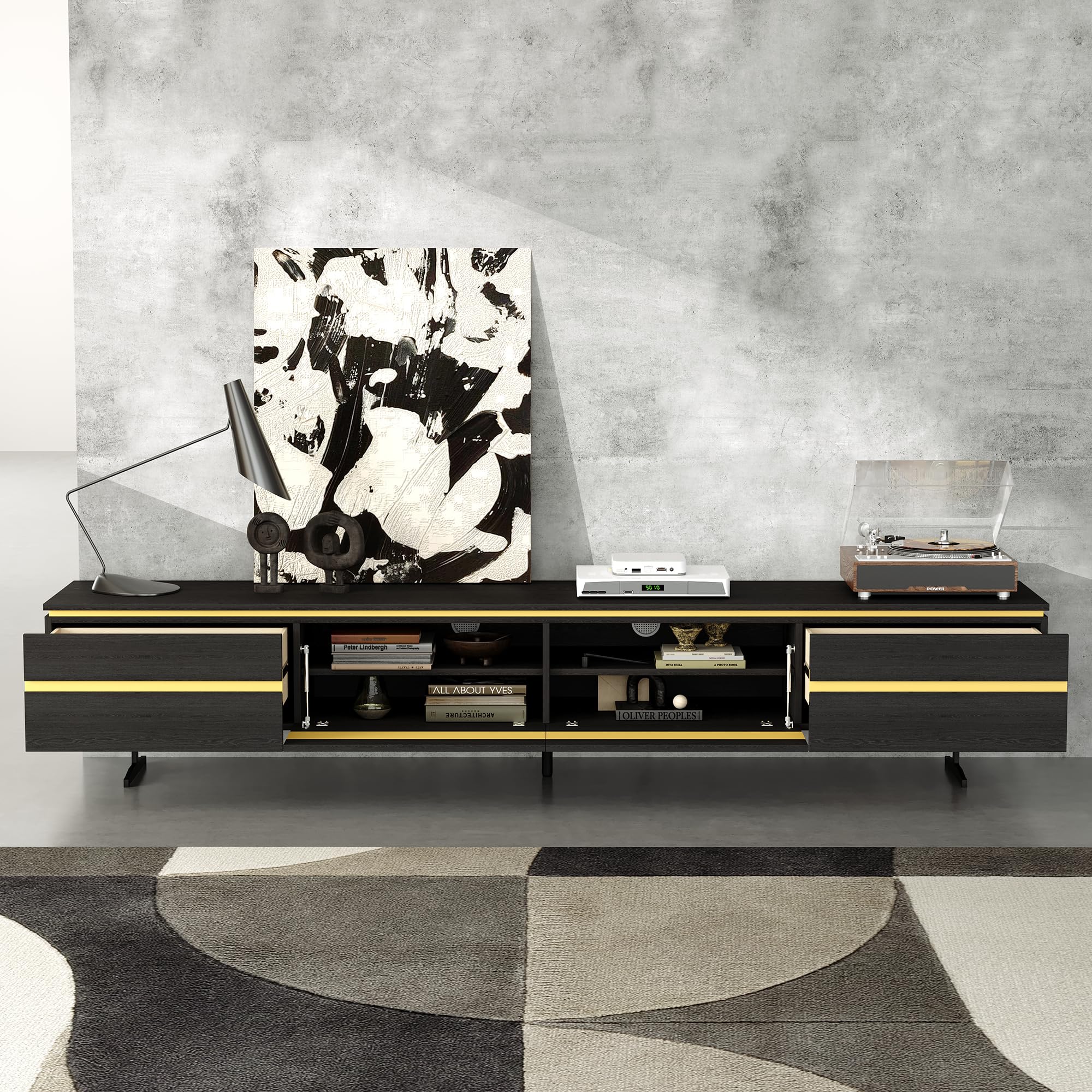 86.61" Modern Black TV Stand with Storage